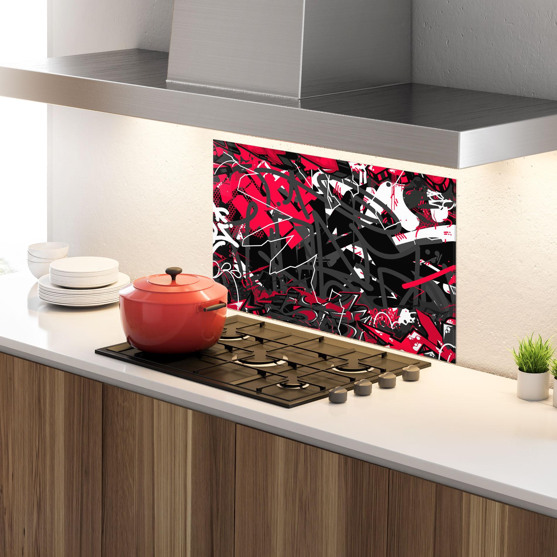 Küchenrückwand Glas Grey Red Graffiti mockup 4