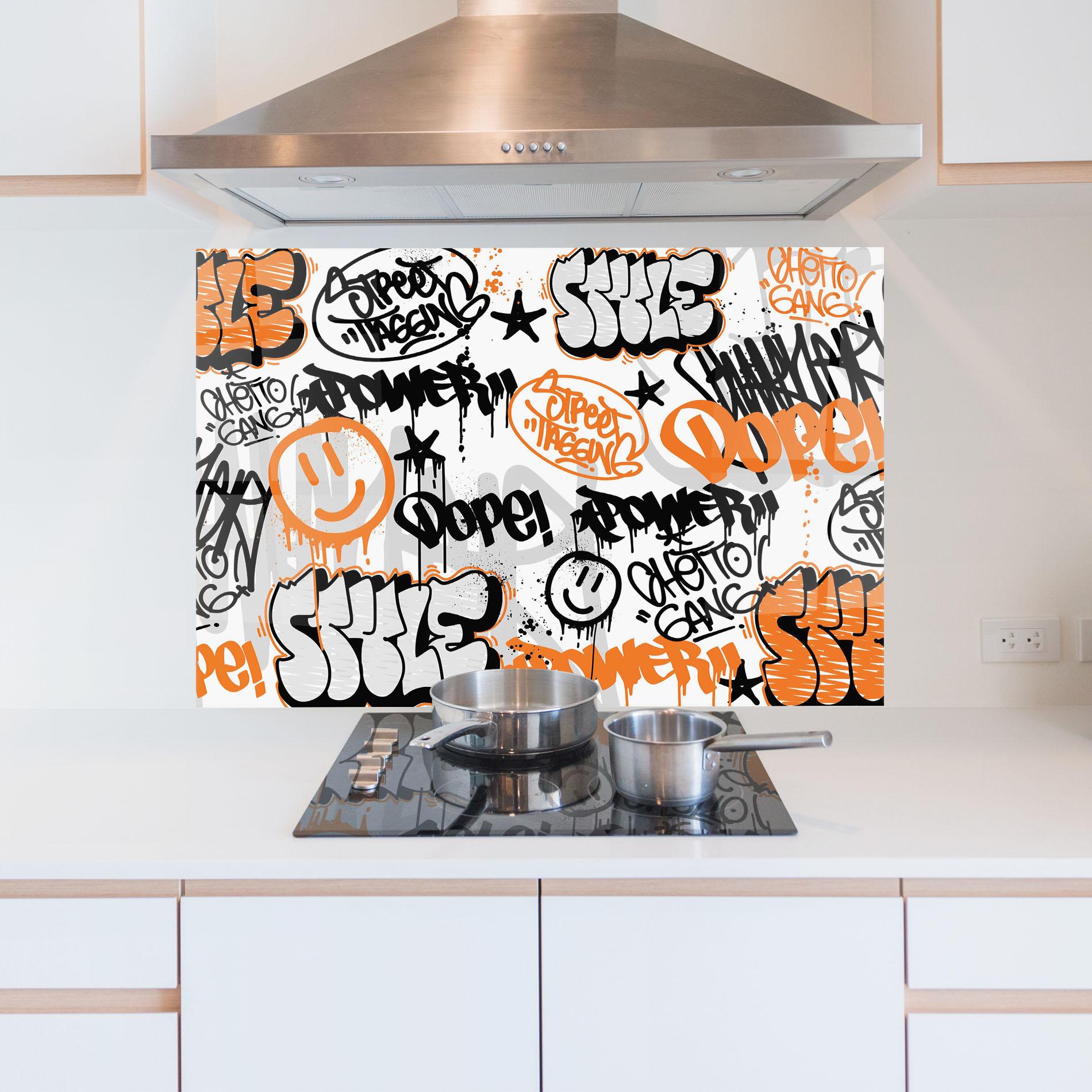Küchenrückwand Glas Black Orange Graffiti mockup 5