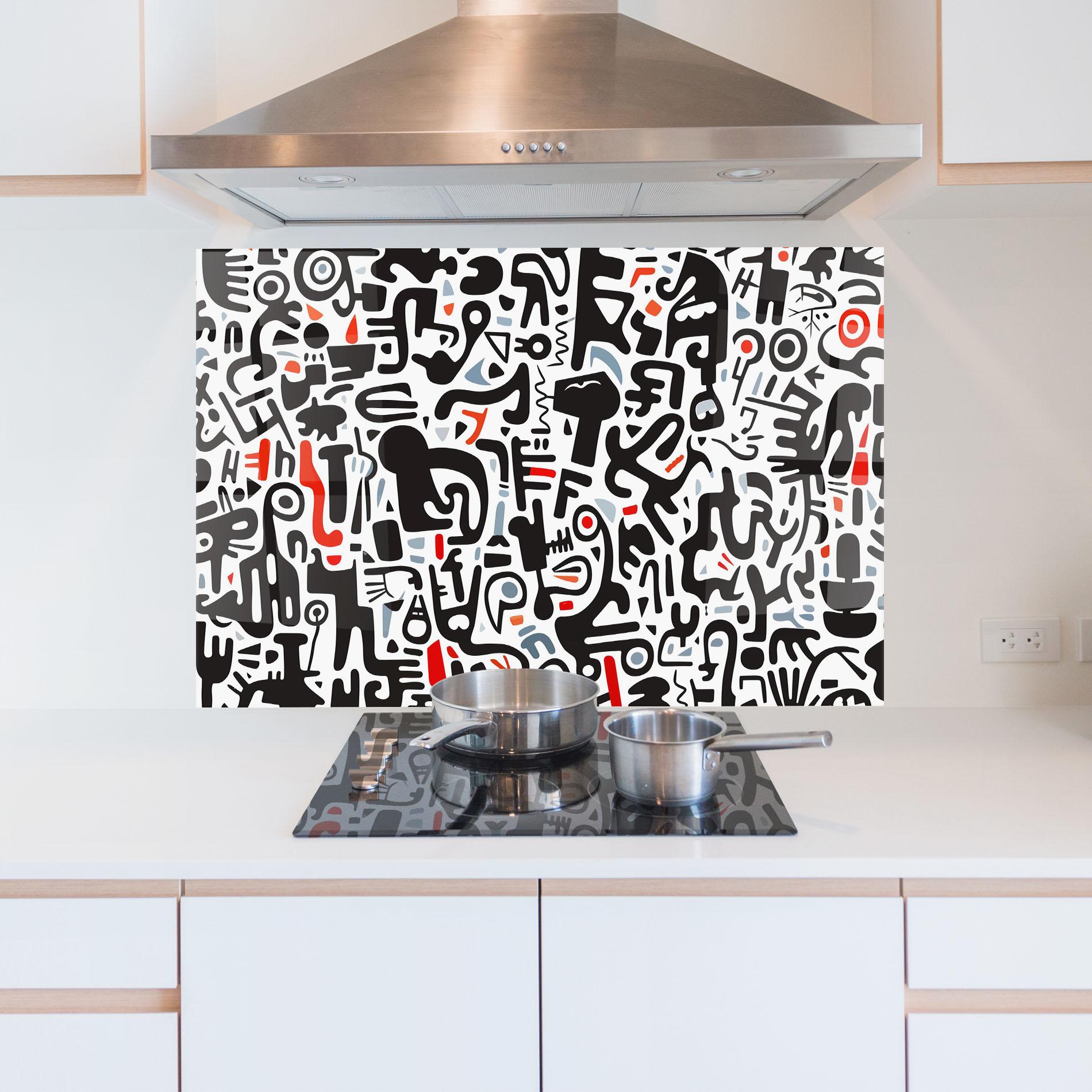 Küchenrückwand Glas Black Red Doodle mockup 5