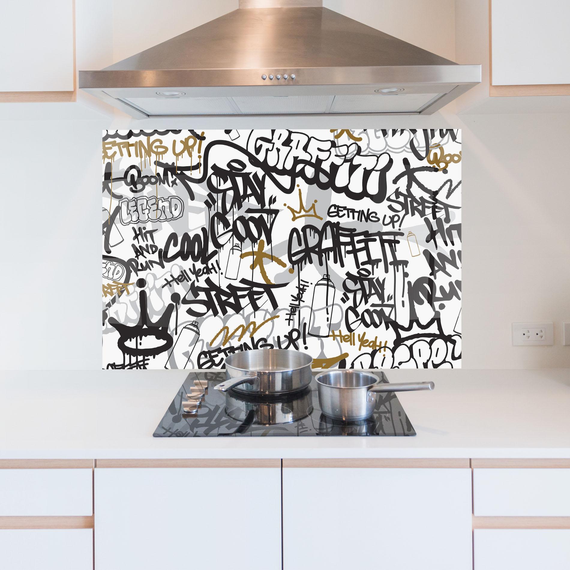 Küchenrückwand Glas Black Yellow Graffiti mockup 5