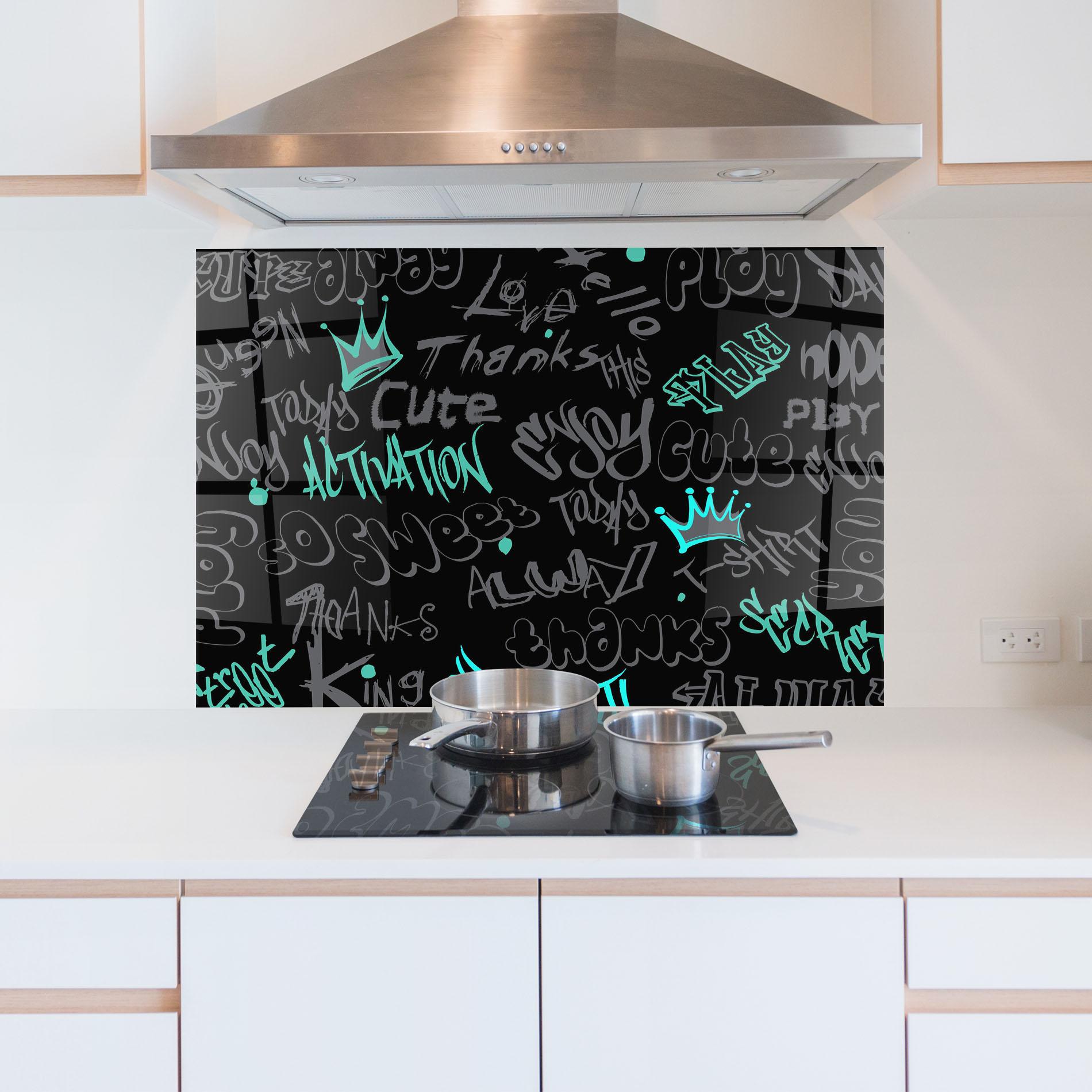 Küchenrückwand Glas Blue Grey Graffiti mockup 5