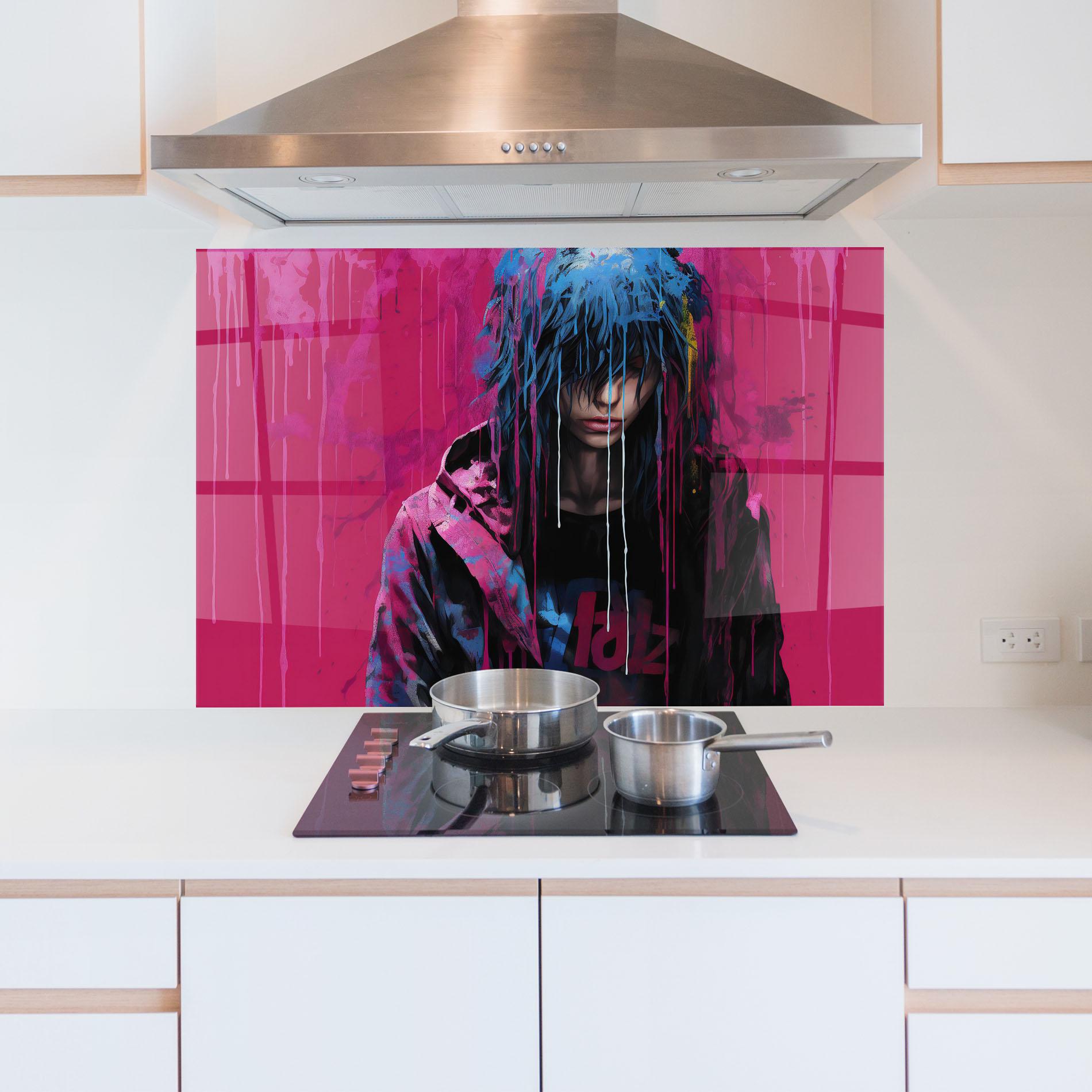 Küchenrückwand Glas Blue Pink Falling Paint mockup 5