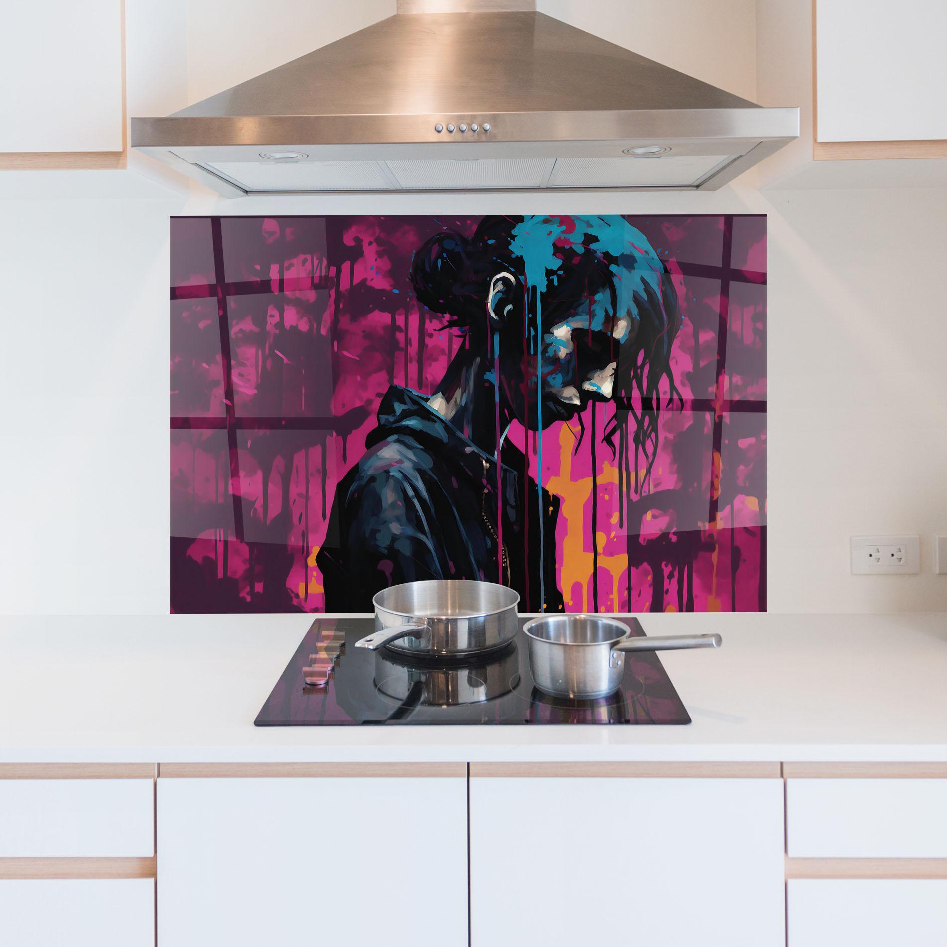 Küchenrückwand Glas Blue Pink Paint Falling mockup 5