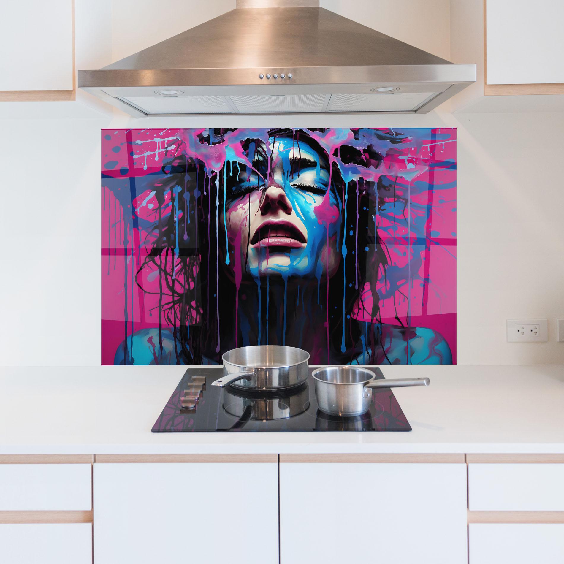 Küchenrückwand Glas Blue Pink Woman mockup 5