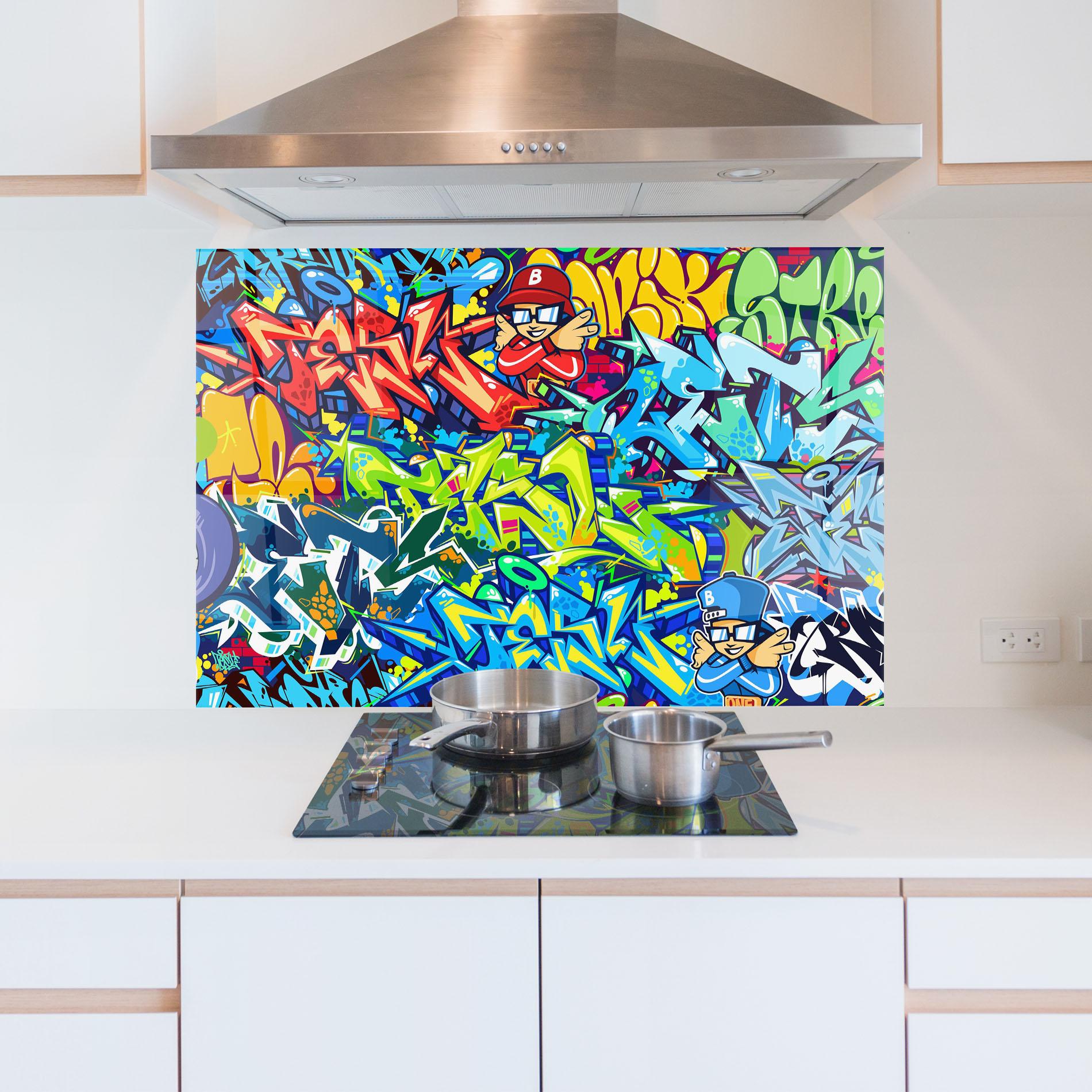 Küchenrückwand Glas Colorful Graffiti mockup 5