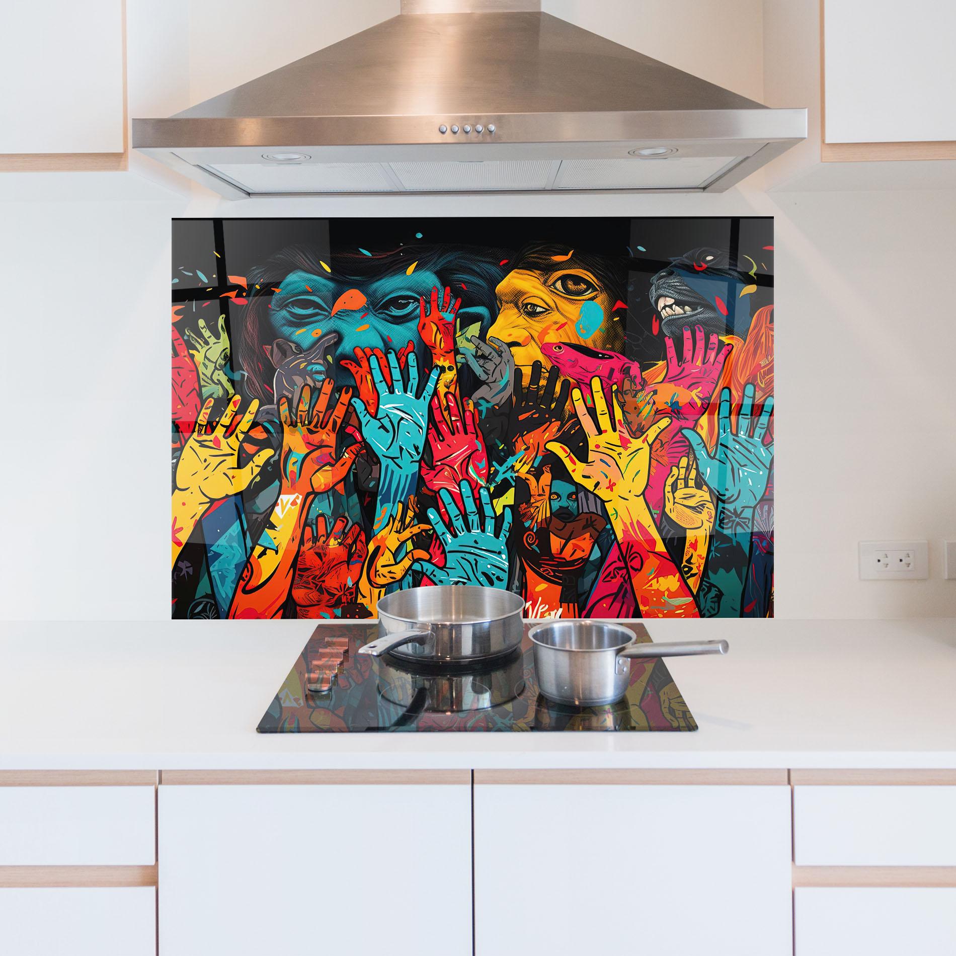 Küchenrückwand Glas Colorful Hands mockup 5