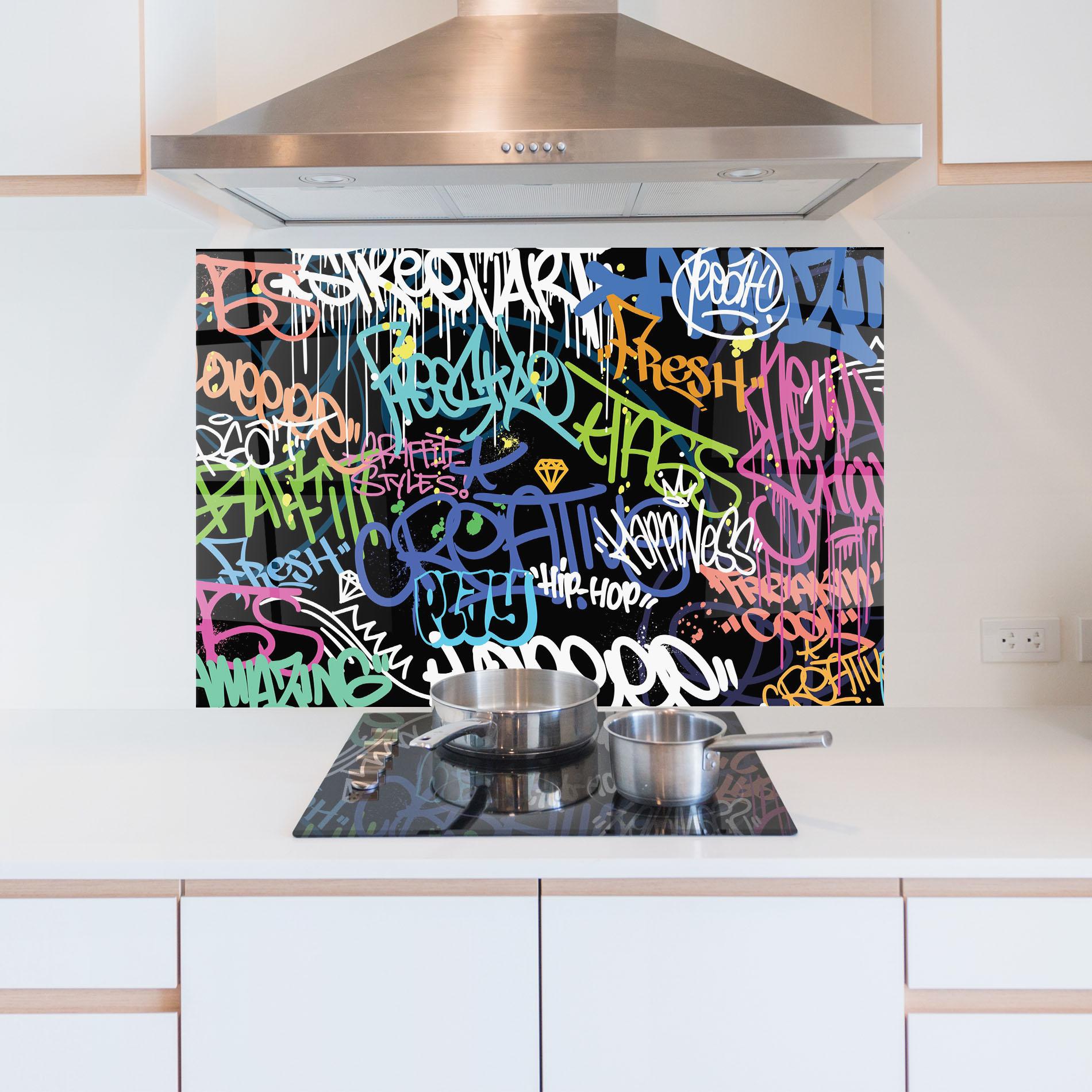 Küchenrückwand Glas Colorful Tags mockup 5