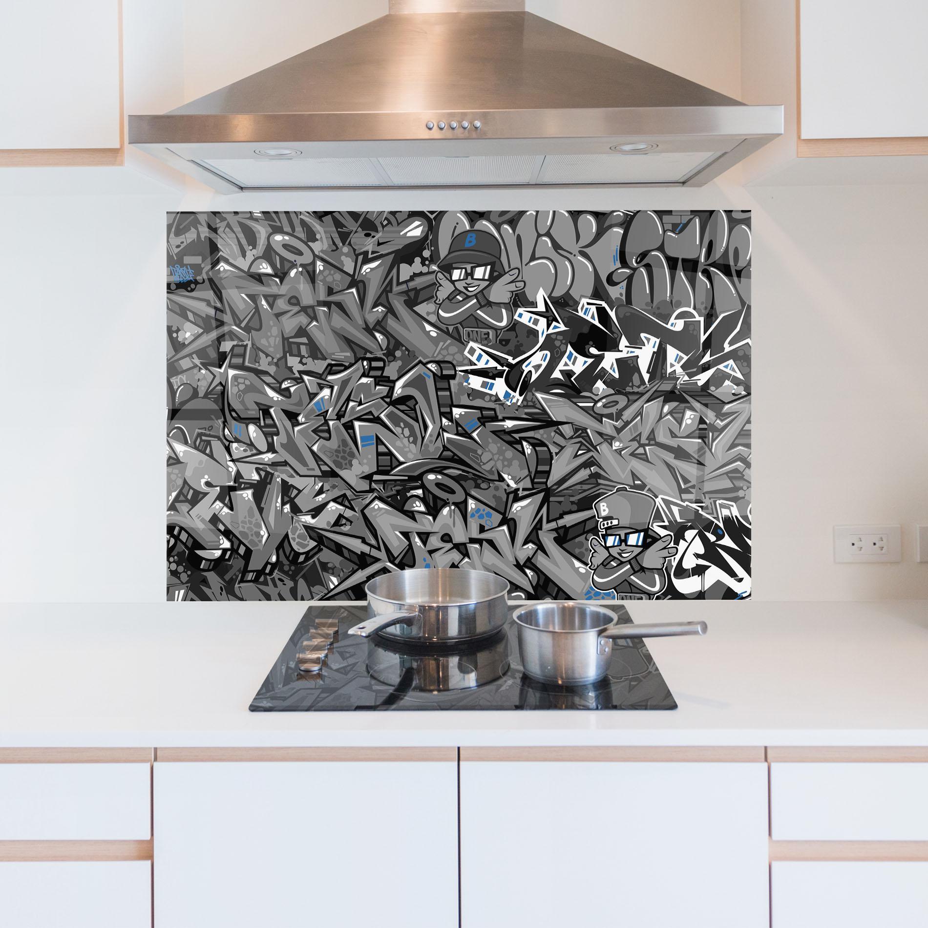 Küchenrückwand Glas Grey Blue Graffiti mockup 5