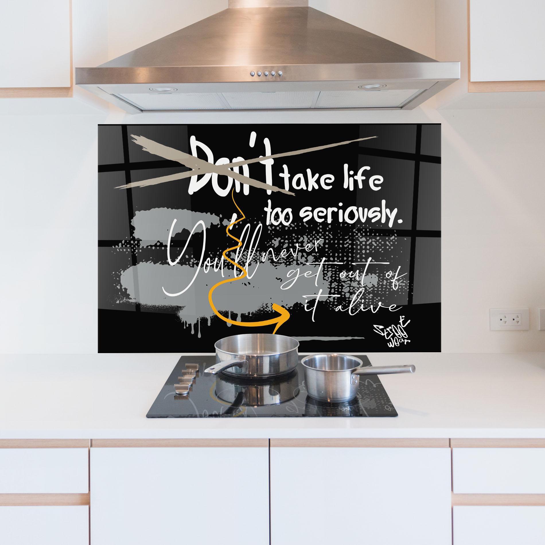 Küchenrückwand Glas Grey Orange Graffiti mockup 5