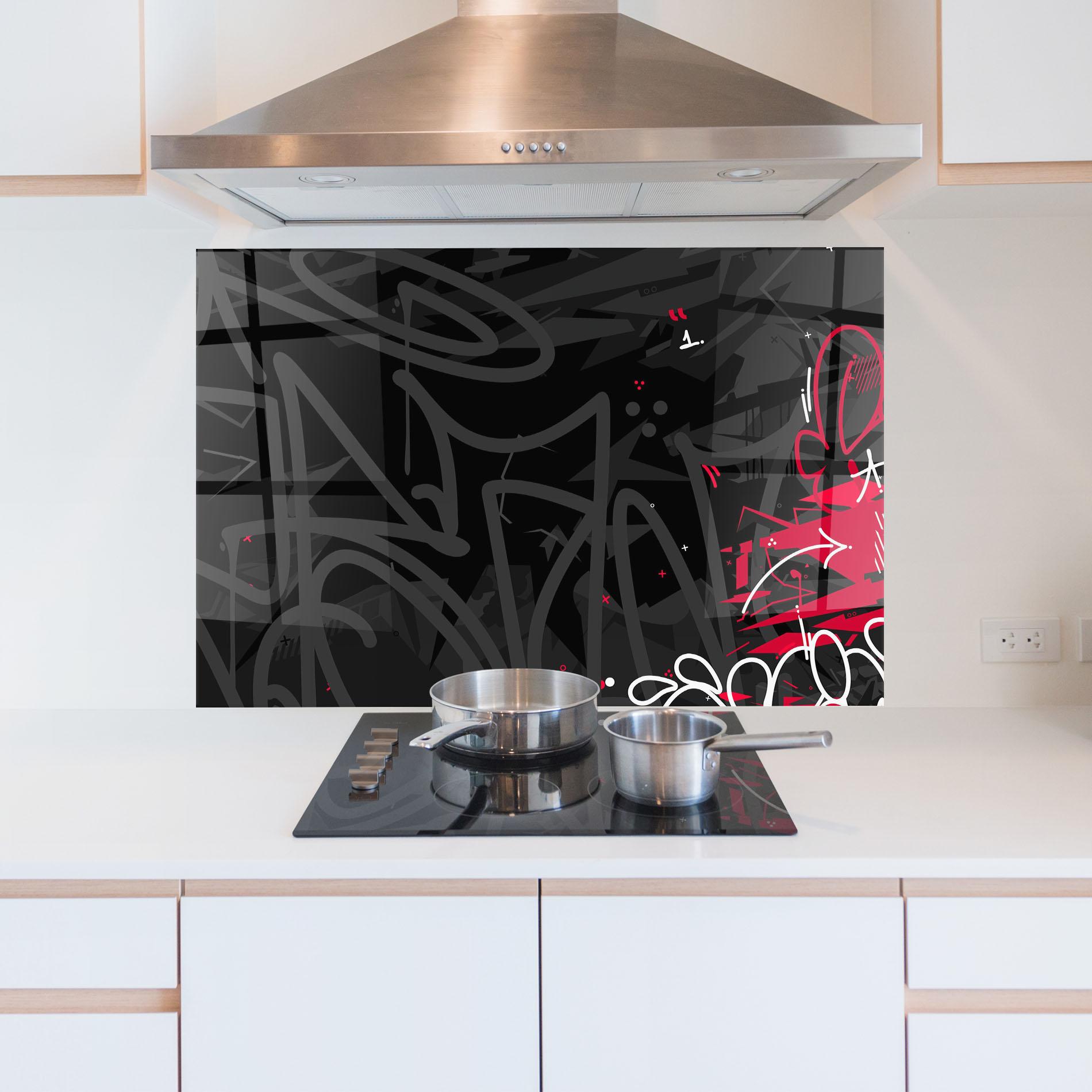 Küchenrückwand Glas Grey Pink Graffiti mockup 5