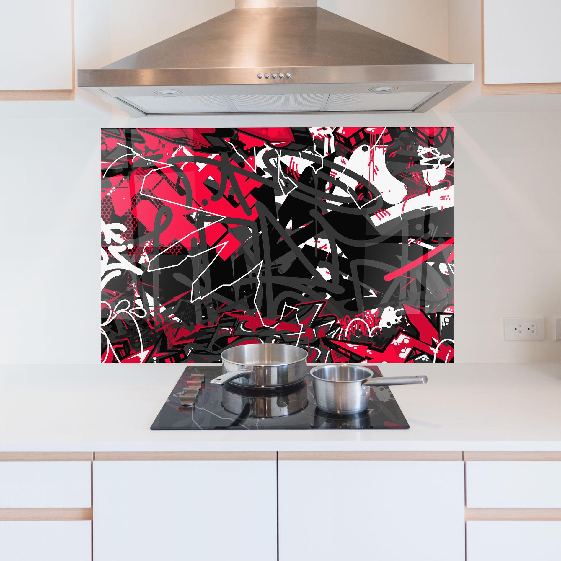 Küchenrückwand Glas Grey Red Graffiti mockup 5
