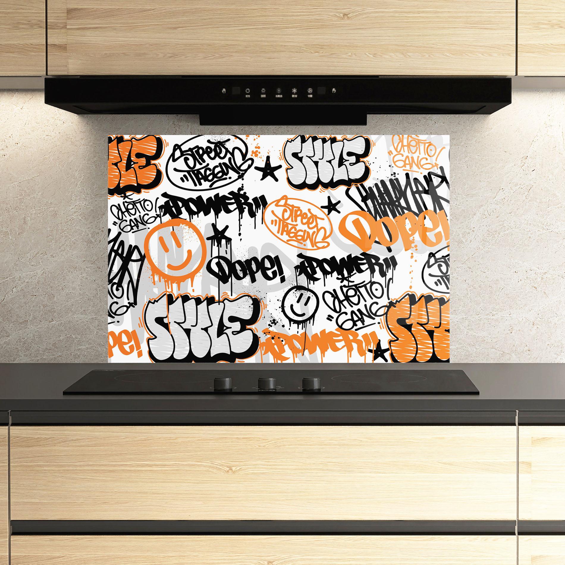 Küchenrückwand Glas Black Orange Graffiti mockup 3