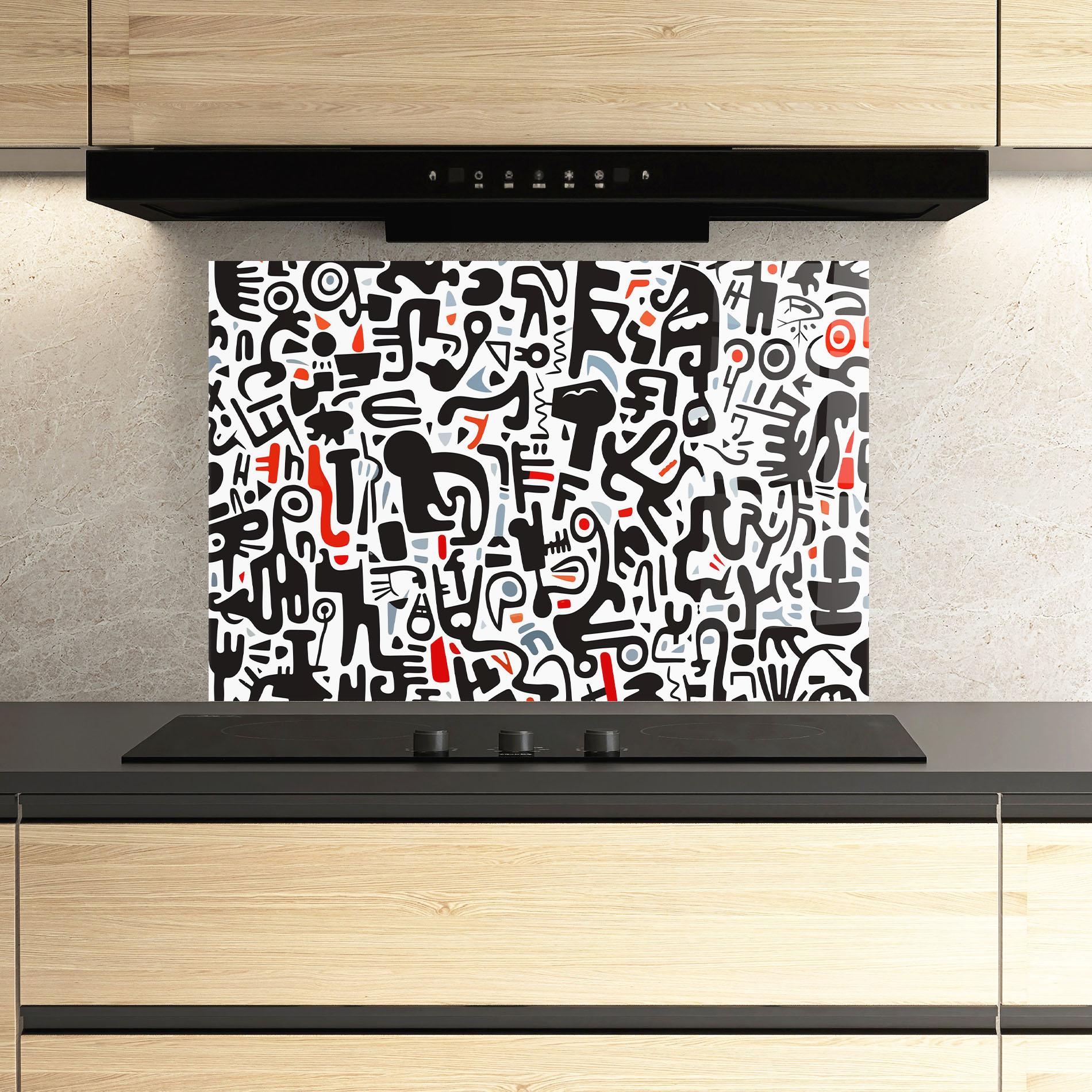 Küchenrückwand Glas Black Red Doodle mockup 3