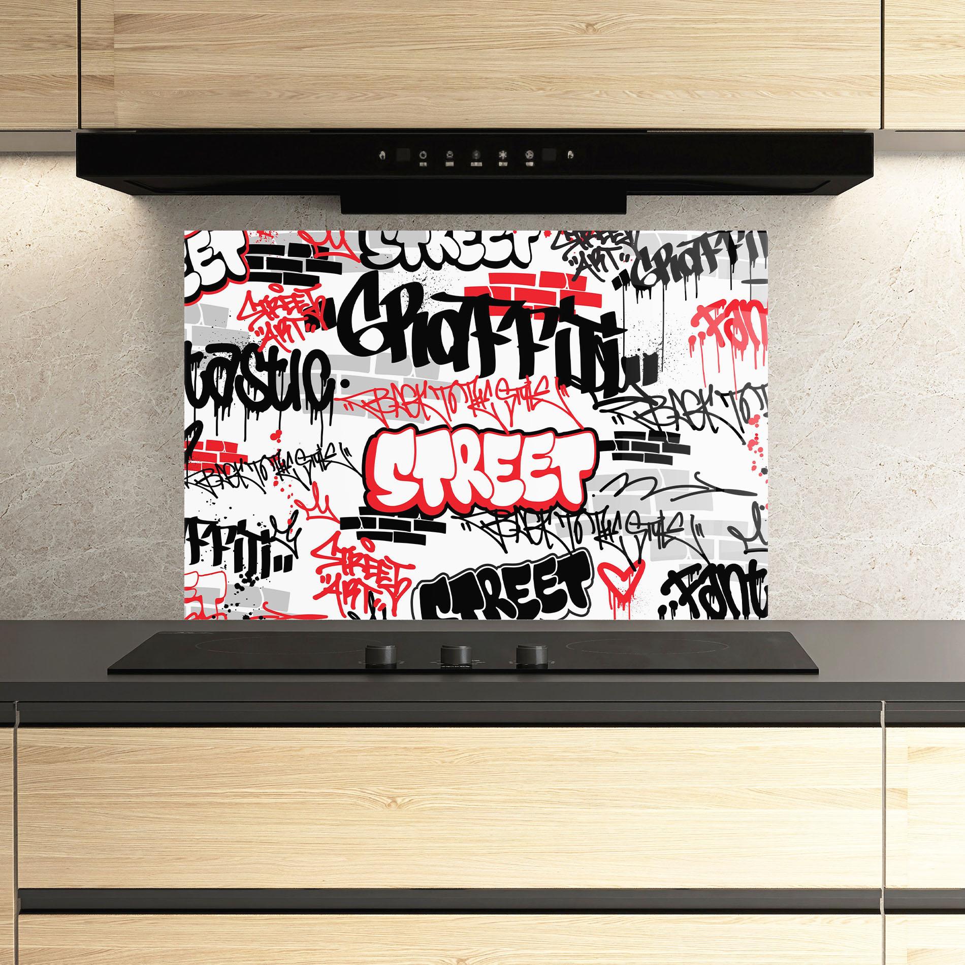 Küchenrückwand Glas Black Red Tags mockup 3