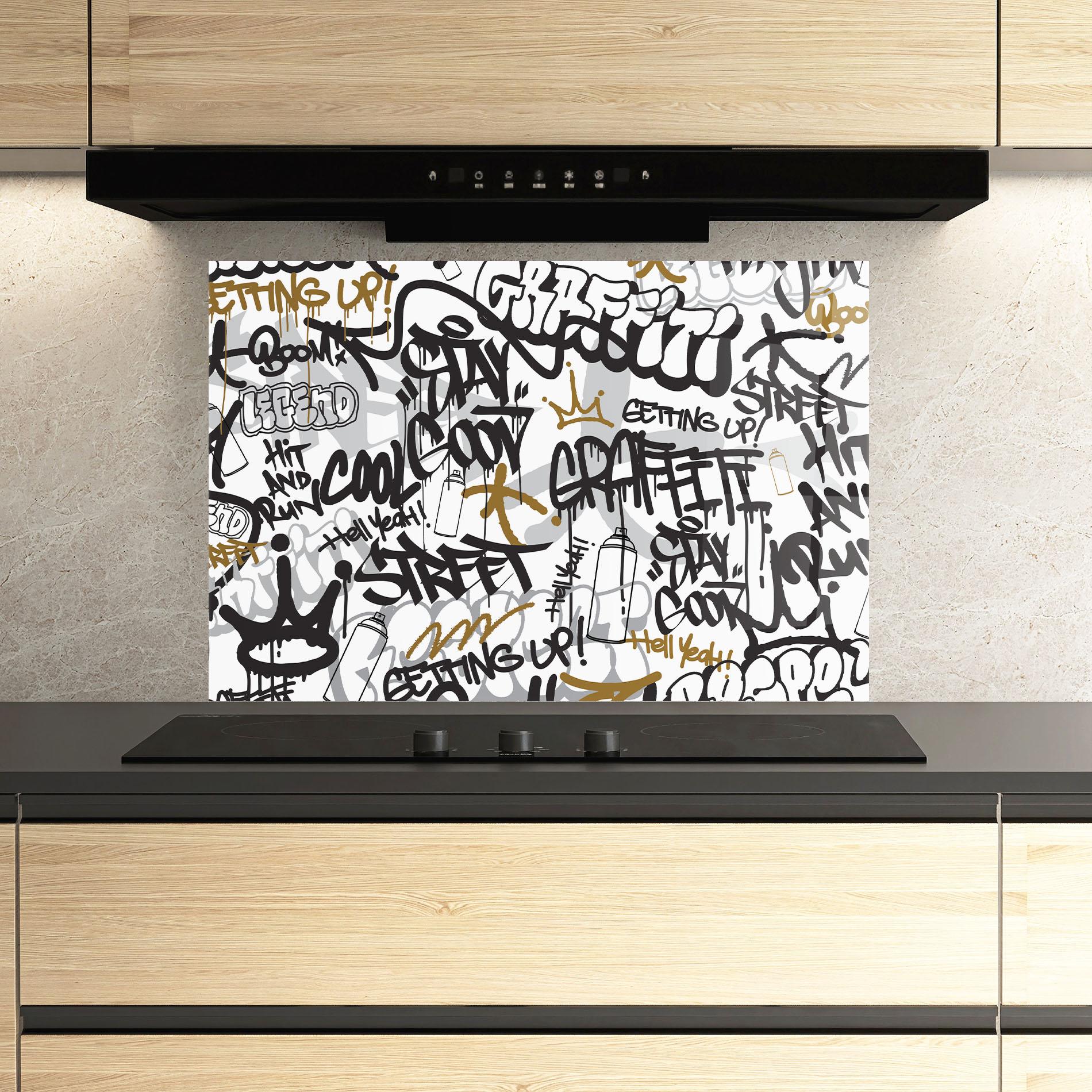 Küchenrückwand Glas Black Yellow Graffiti mockup 3