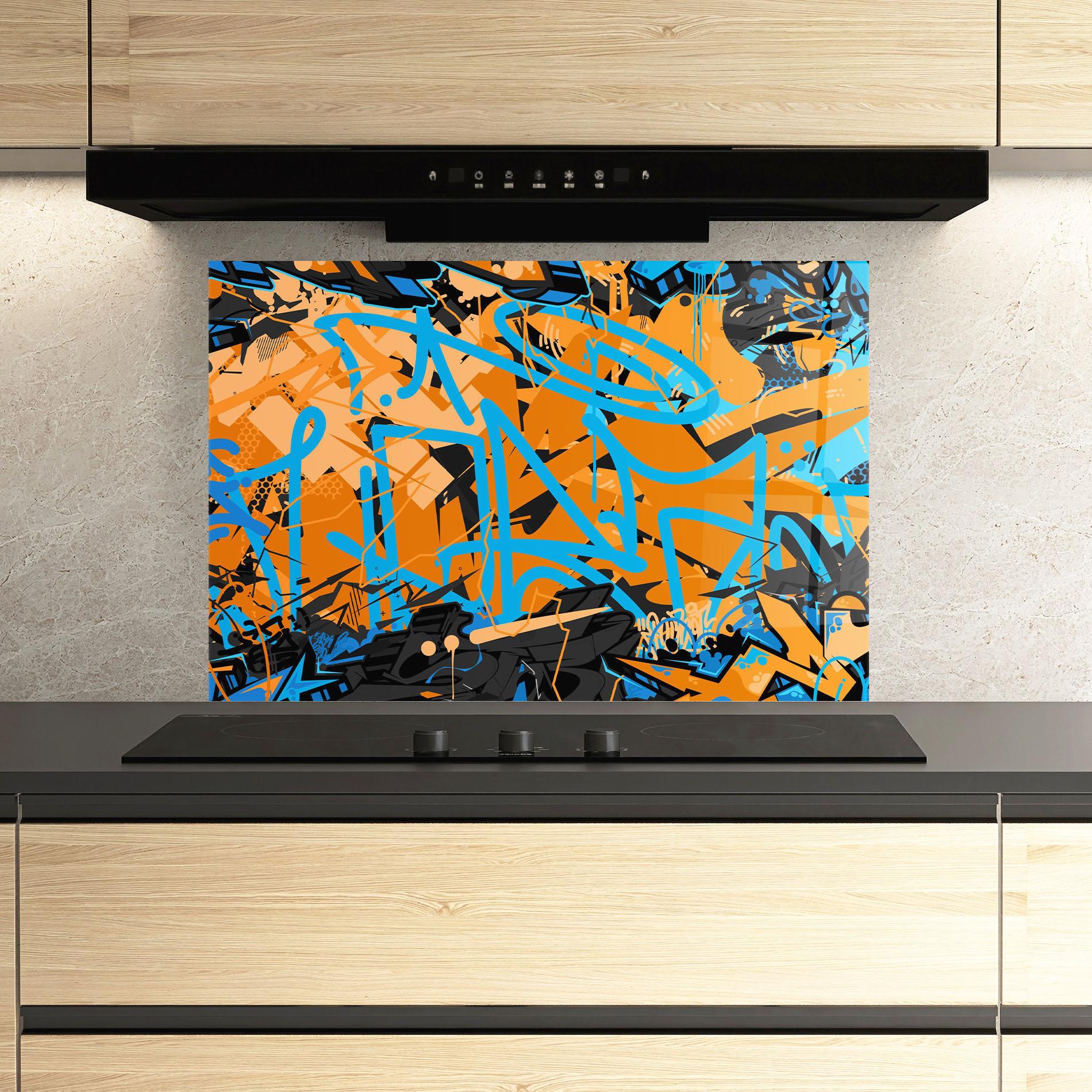 Küchenrückwand Glas Blue Orange Graffiti mockup 3
