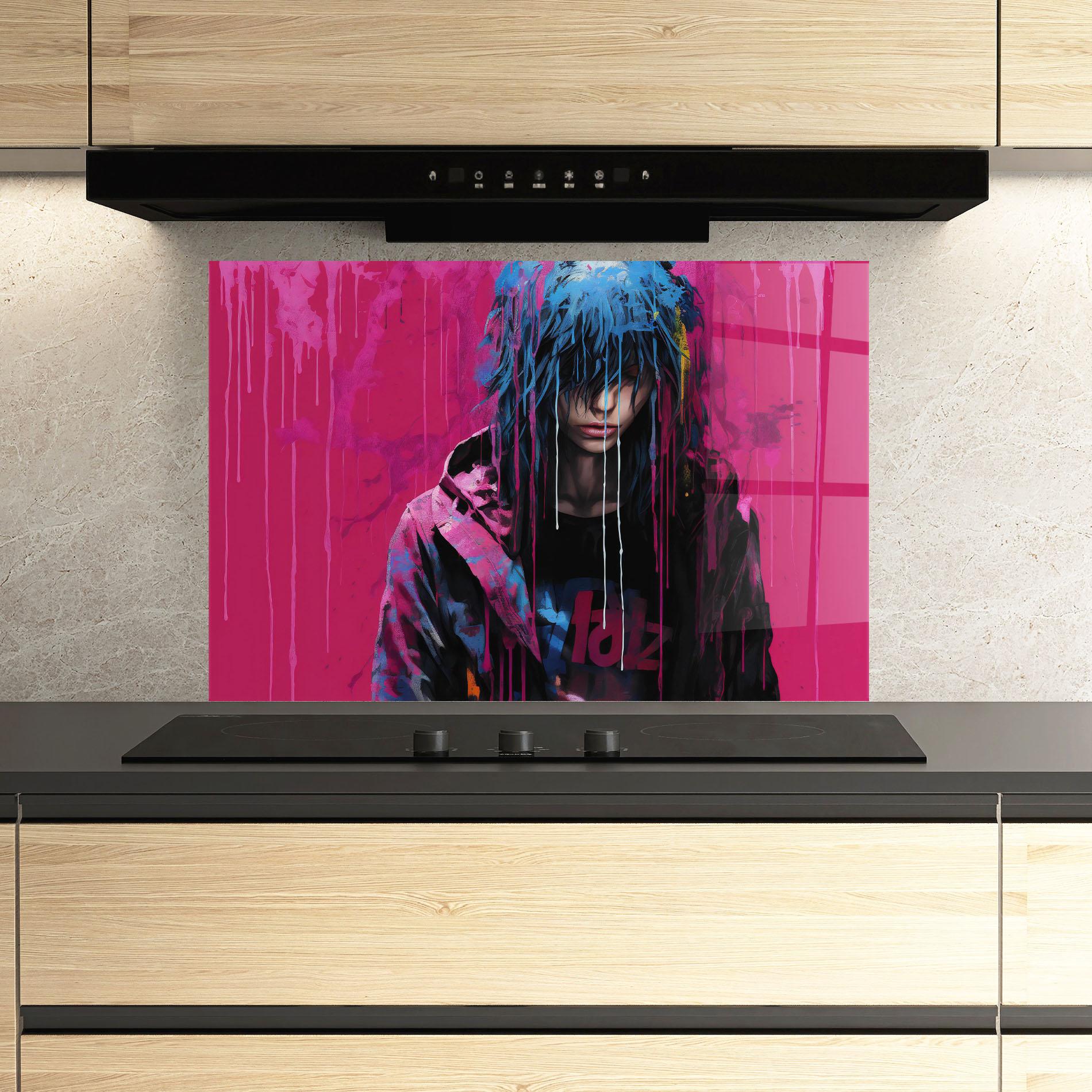 Küchenrückwand Glas Blue Pink Falling Paint mockup 3