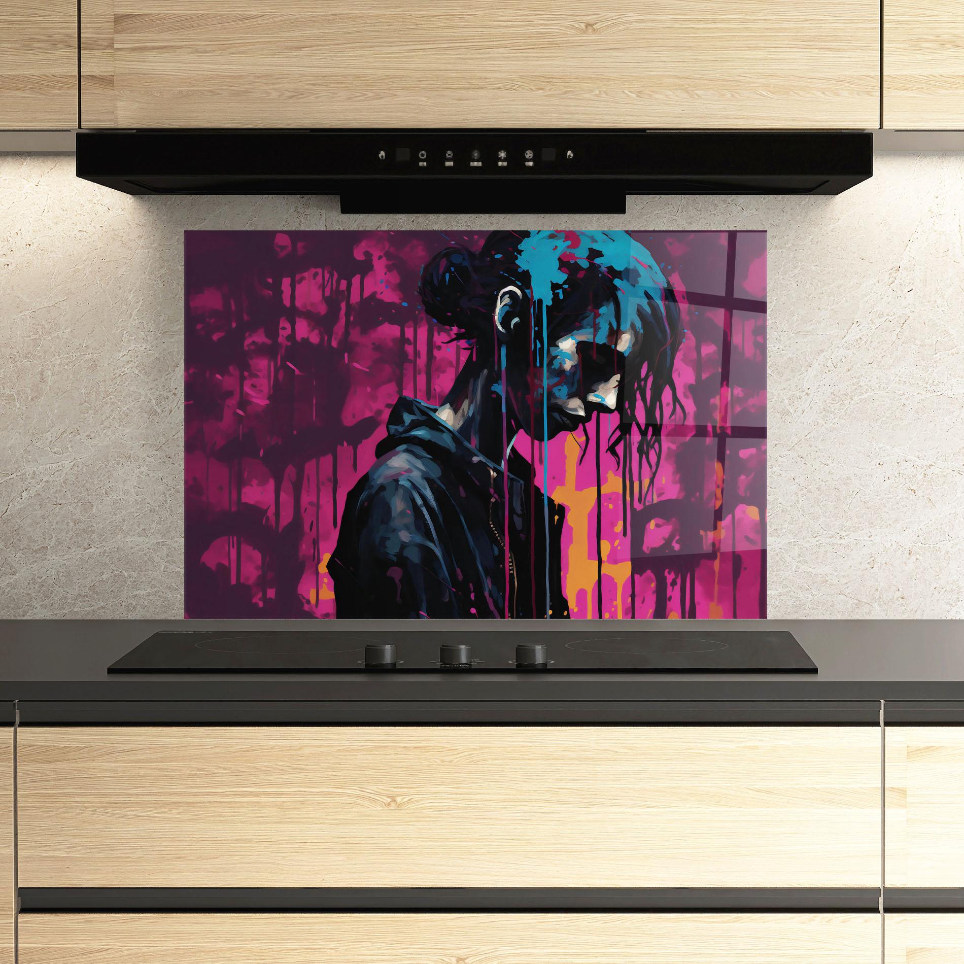 Küchenrückwand Glas Blue Pink Paint Falling mockup 3