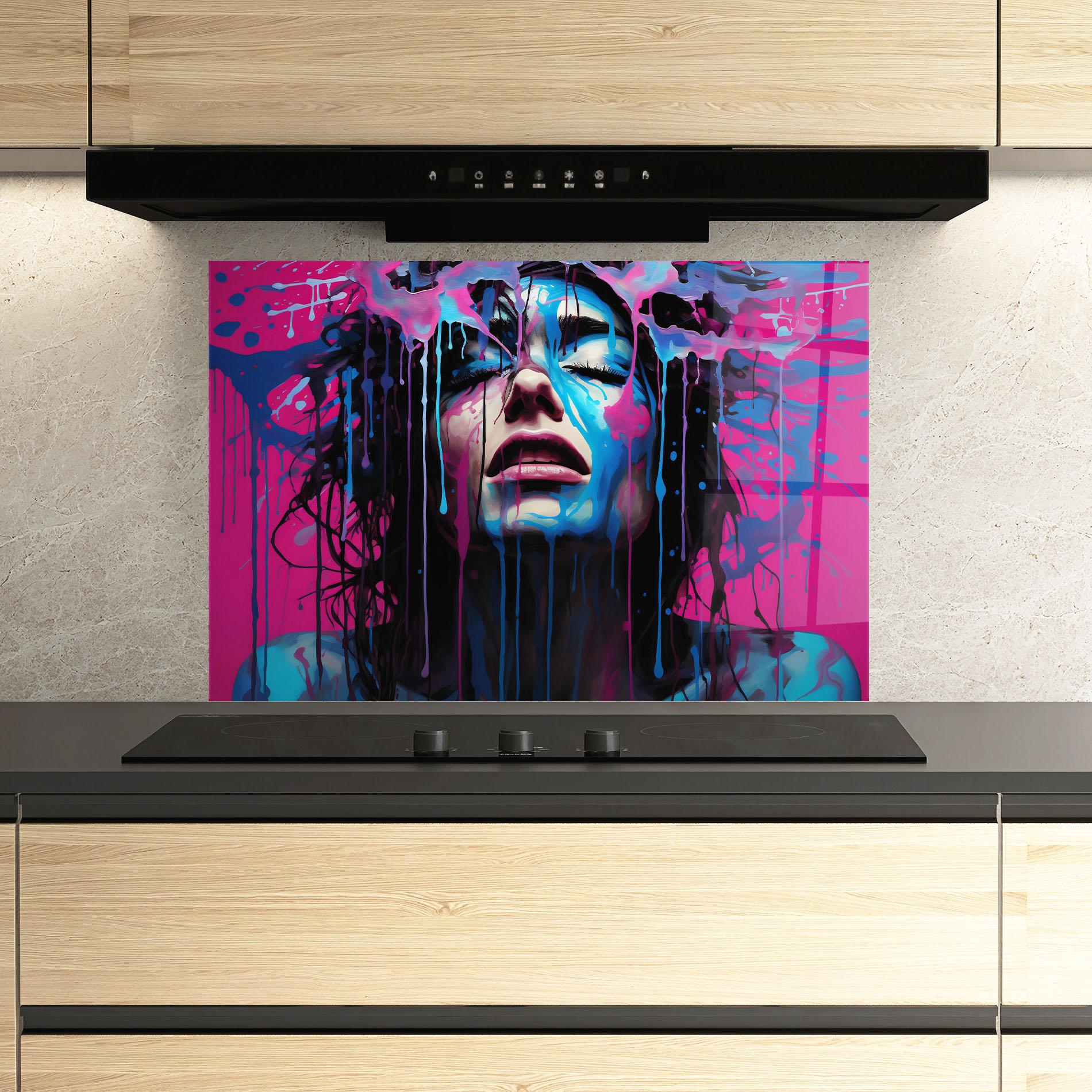 Küchenrückwand Glas Blue Pink Woman mockup 3