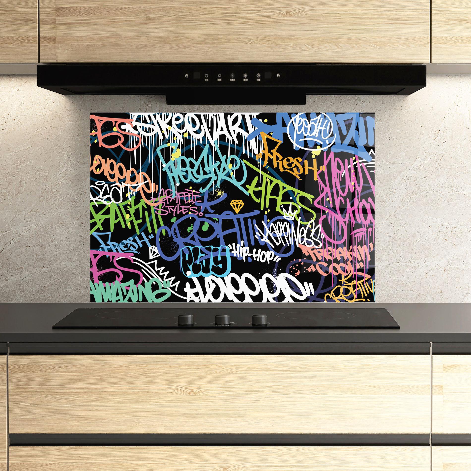 Küchenrückwand Glas Colorful Tags mockup 3