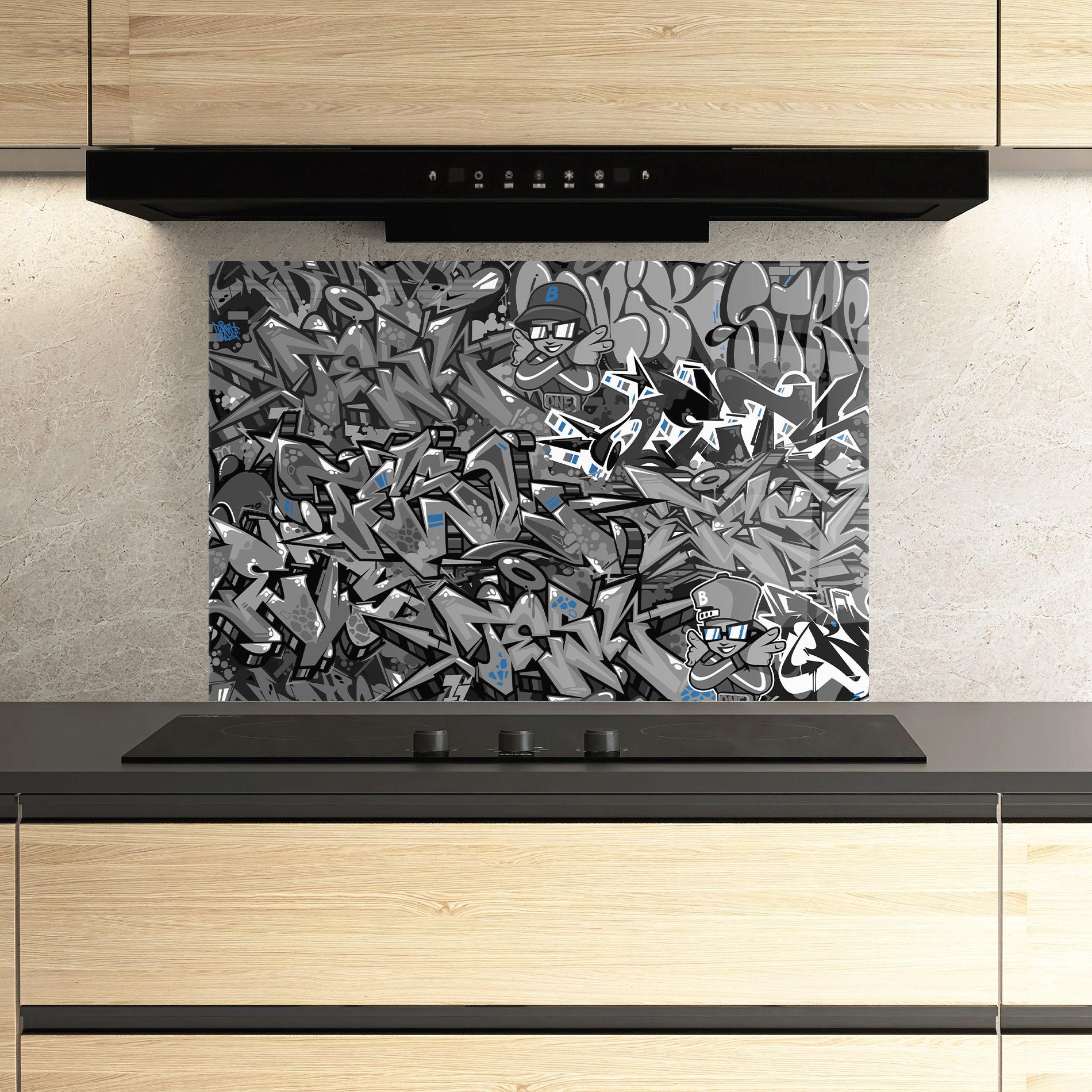 Küchenrückwand Glas Grey Blue Graffiti mockup 3