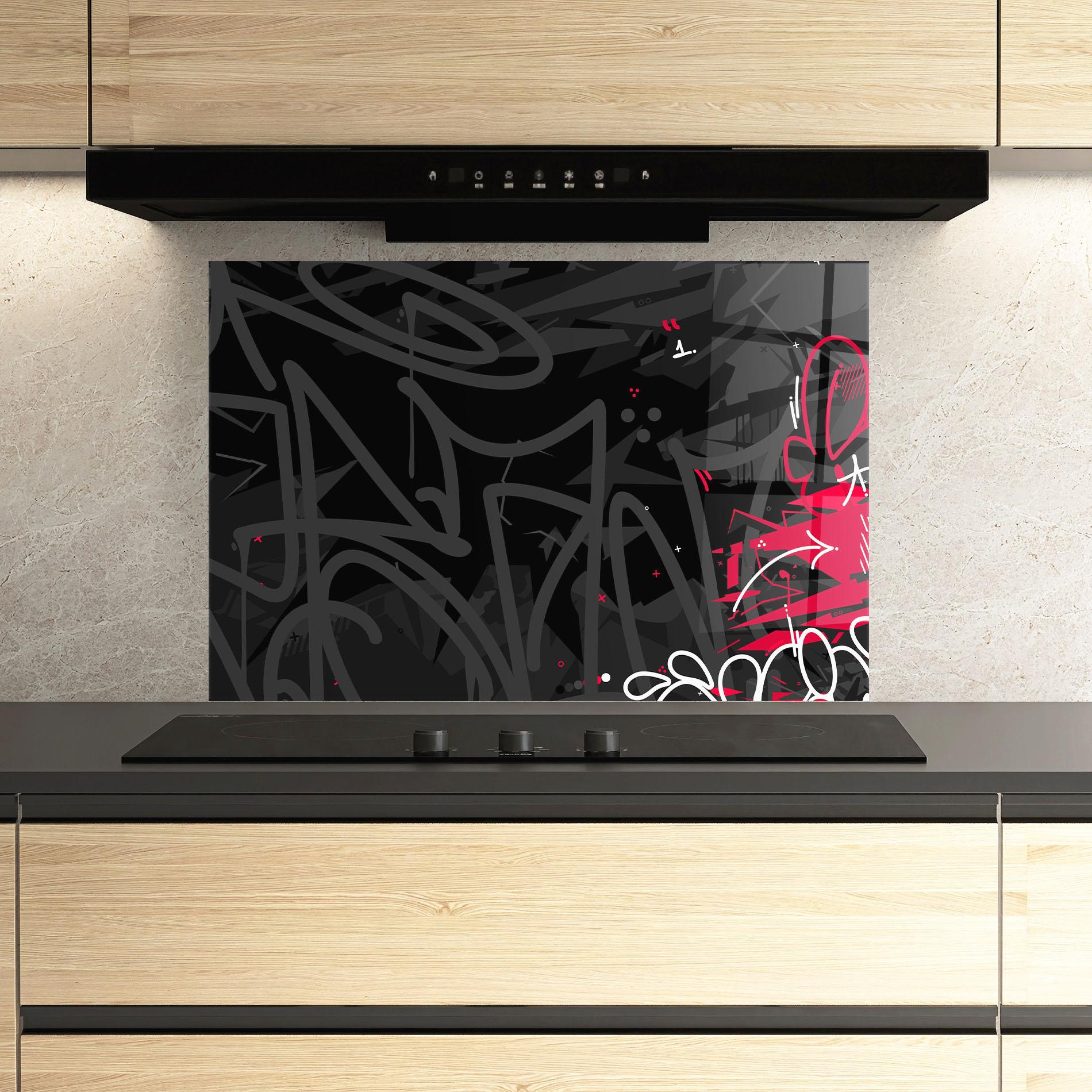 Küchenrückwand Glas Grey Pink Graffiti mockup 3