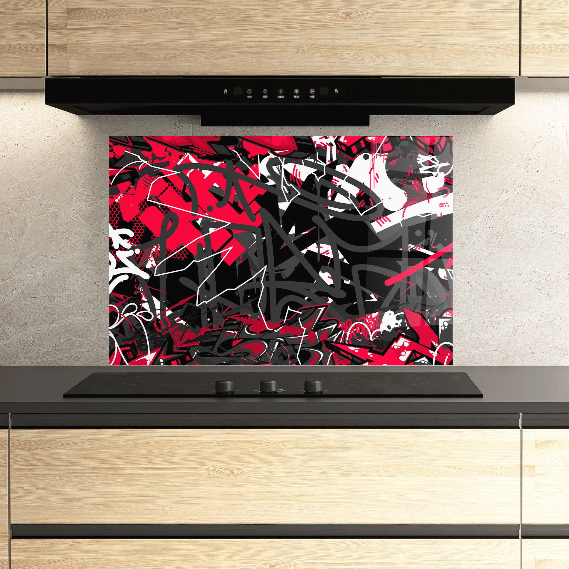 Küchenrückwand Glas Grey Red Graffiti mockup 3
