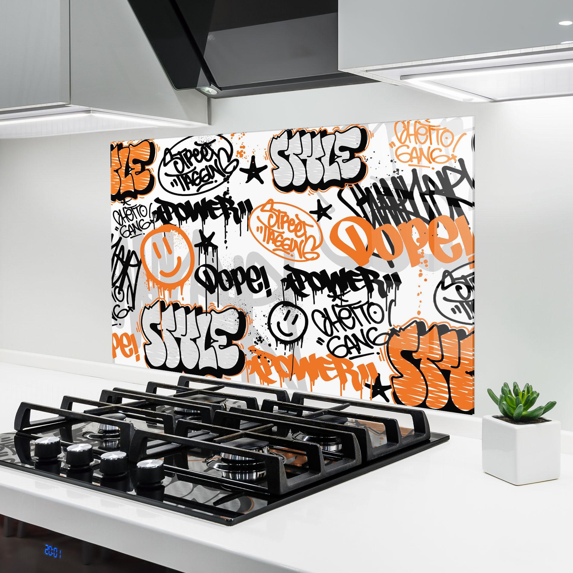 Küchenrückwand Glas Black Orange Graffiti mockup 6