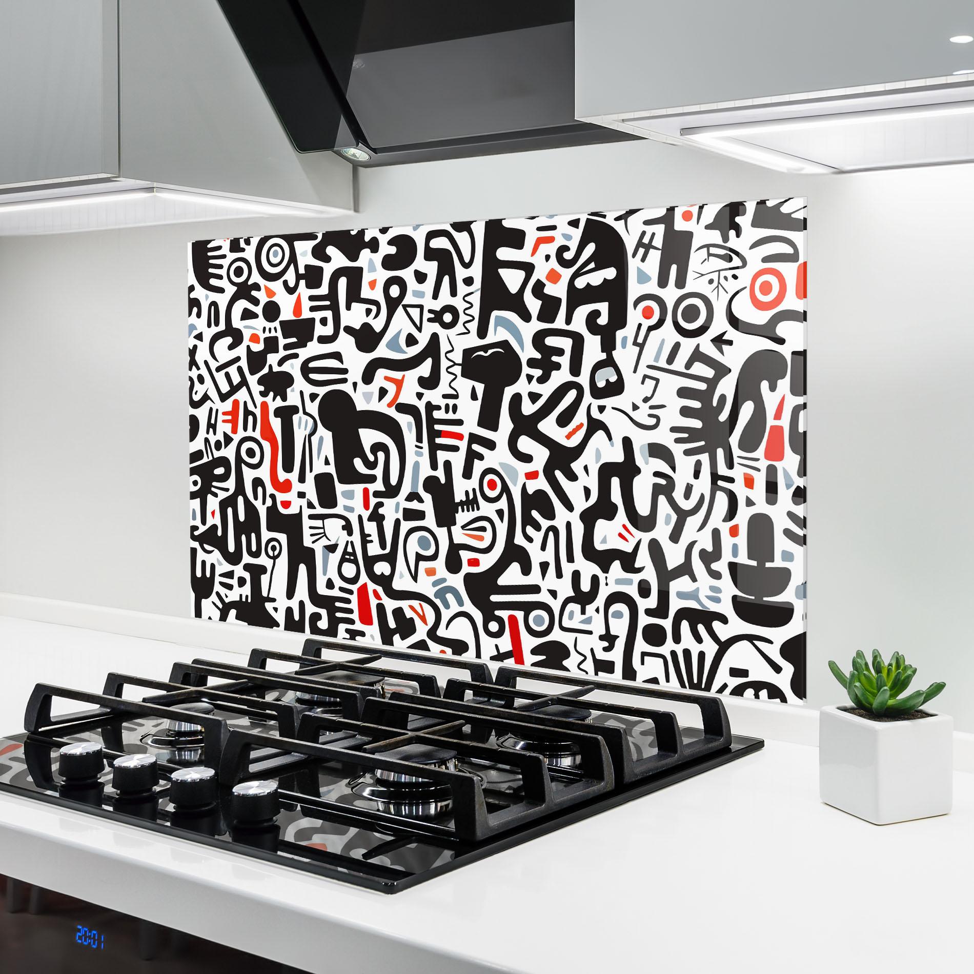 Küchenrückwand Glas Black Red Doodle mockup 6