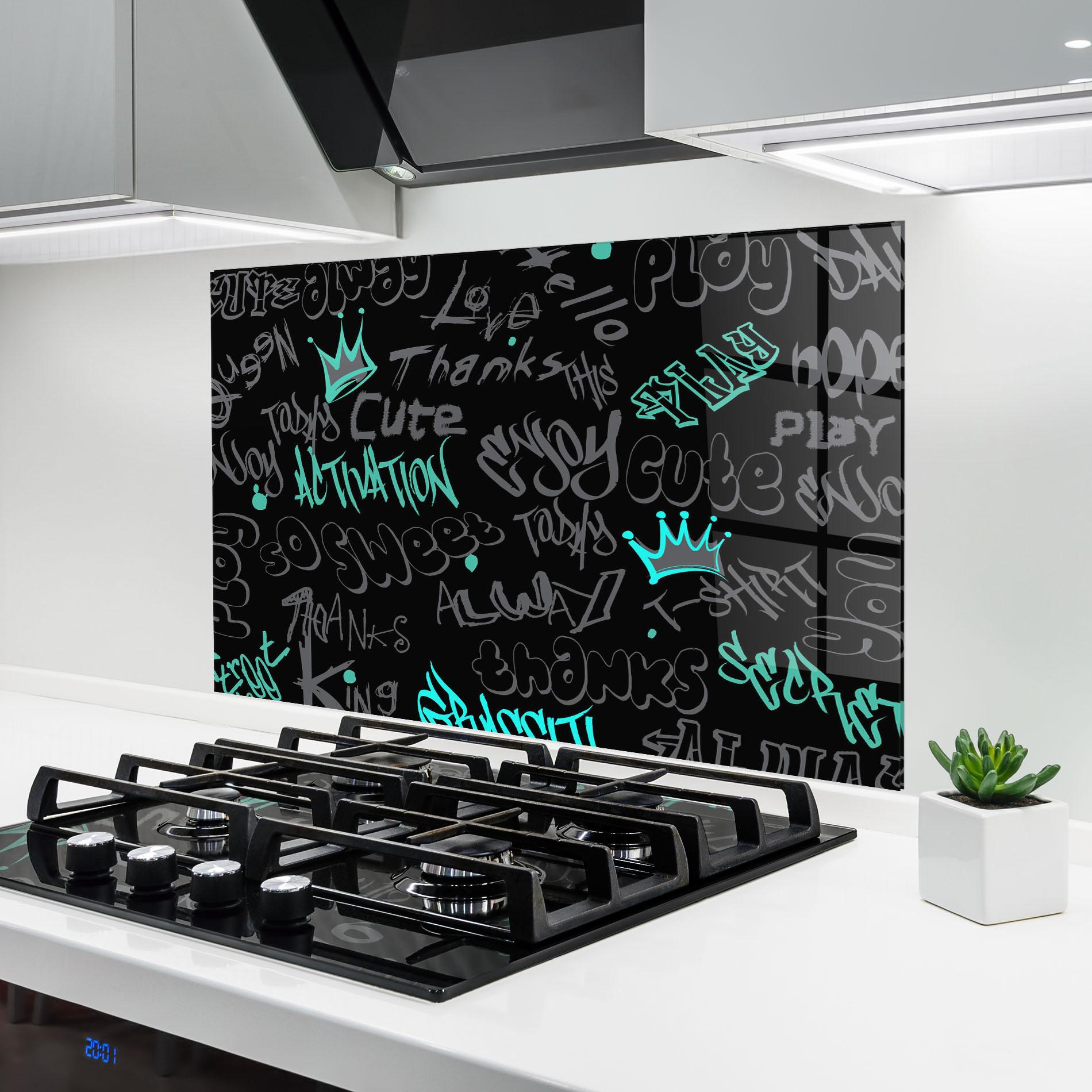 Küchenrückwand Glas Blue Grey Graffiti mockup 6