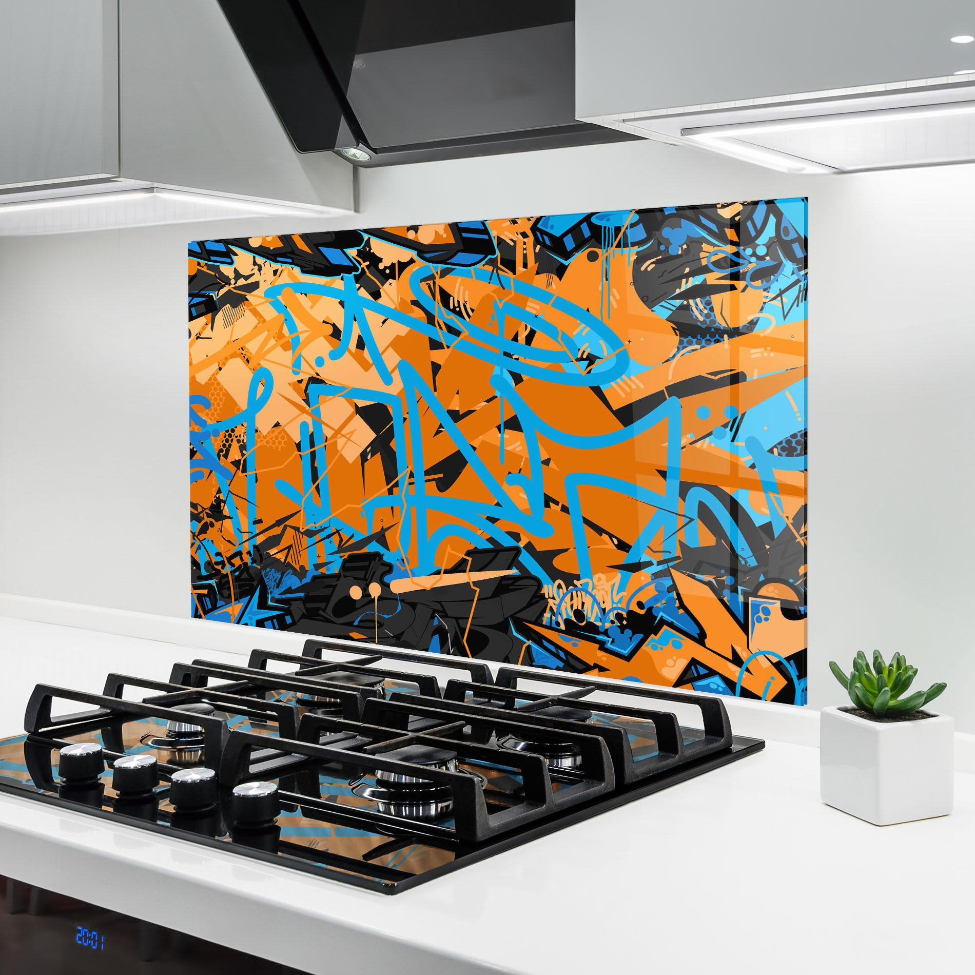 Küchenrückwand Glas Blue Orange Graffiti mockup 6