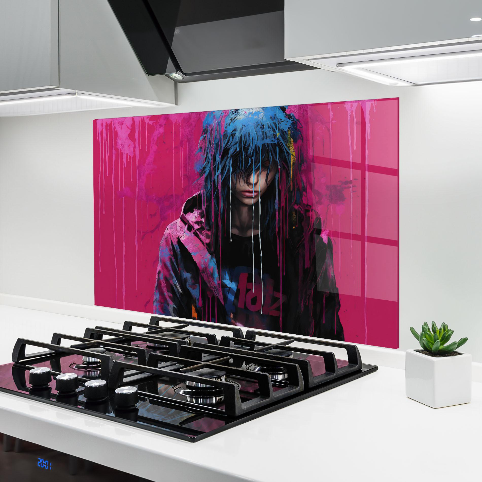 Küchenrückwand Glas Blue Pink Falling Paint mockup 6