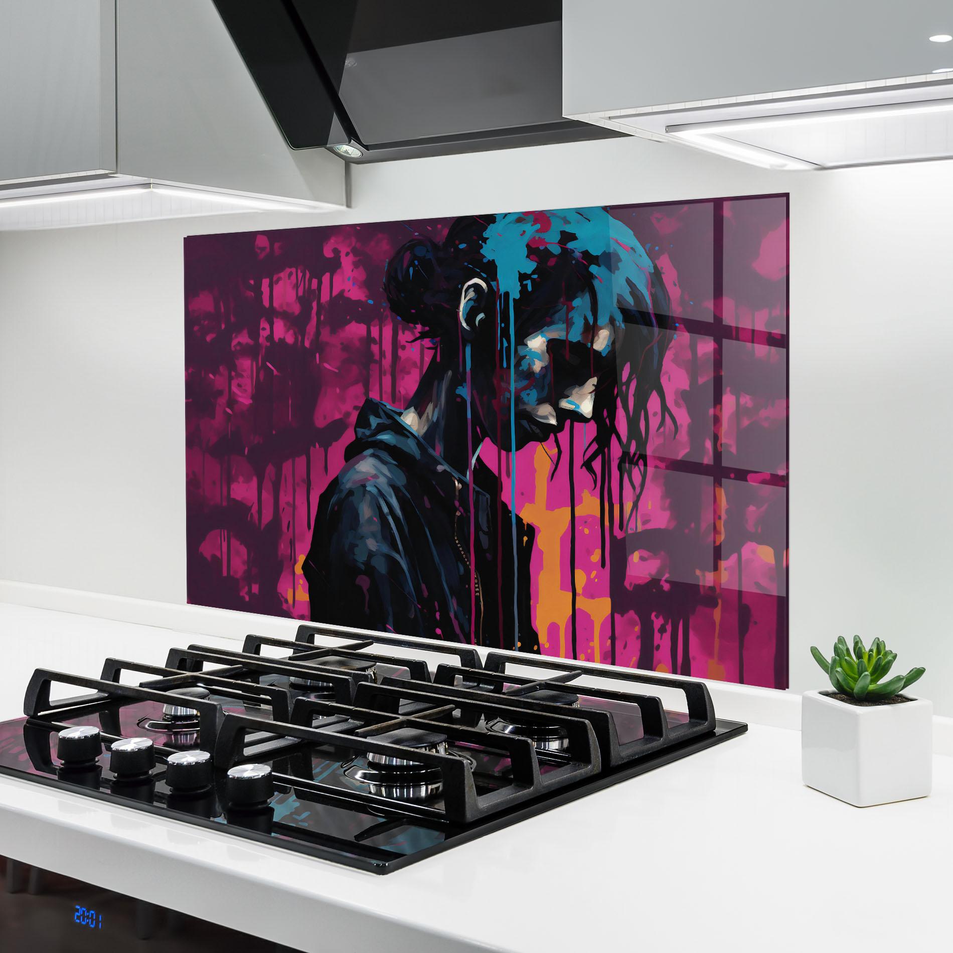 Küchenrückwand Glas Blue Pink Paint Falling mockup 6