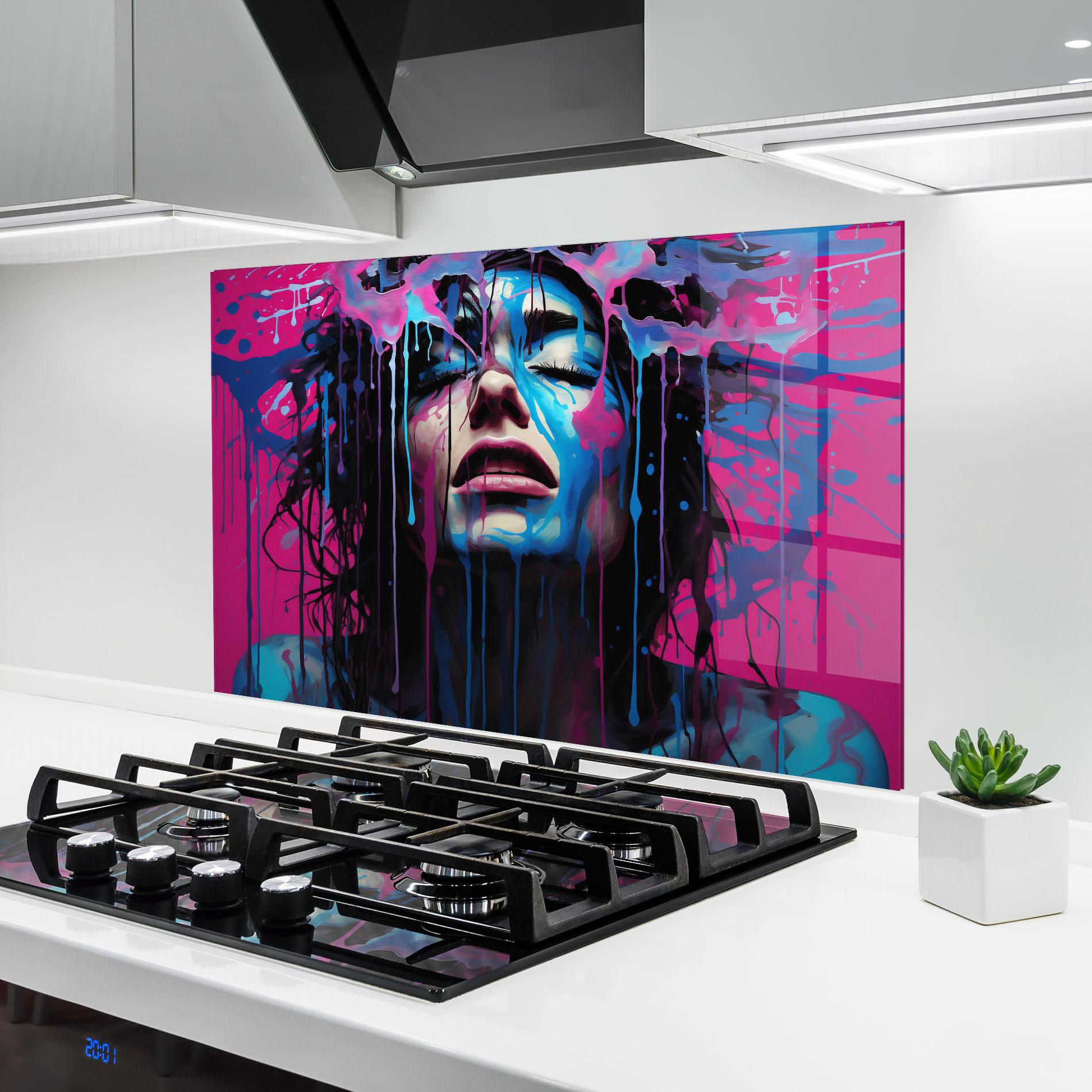 Küchenrückwand Glas Blue Pink Woman mockup 6