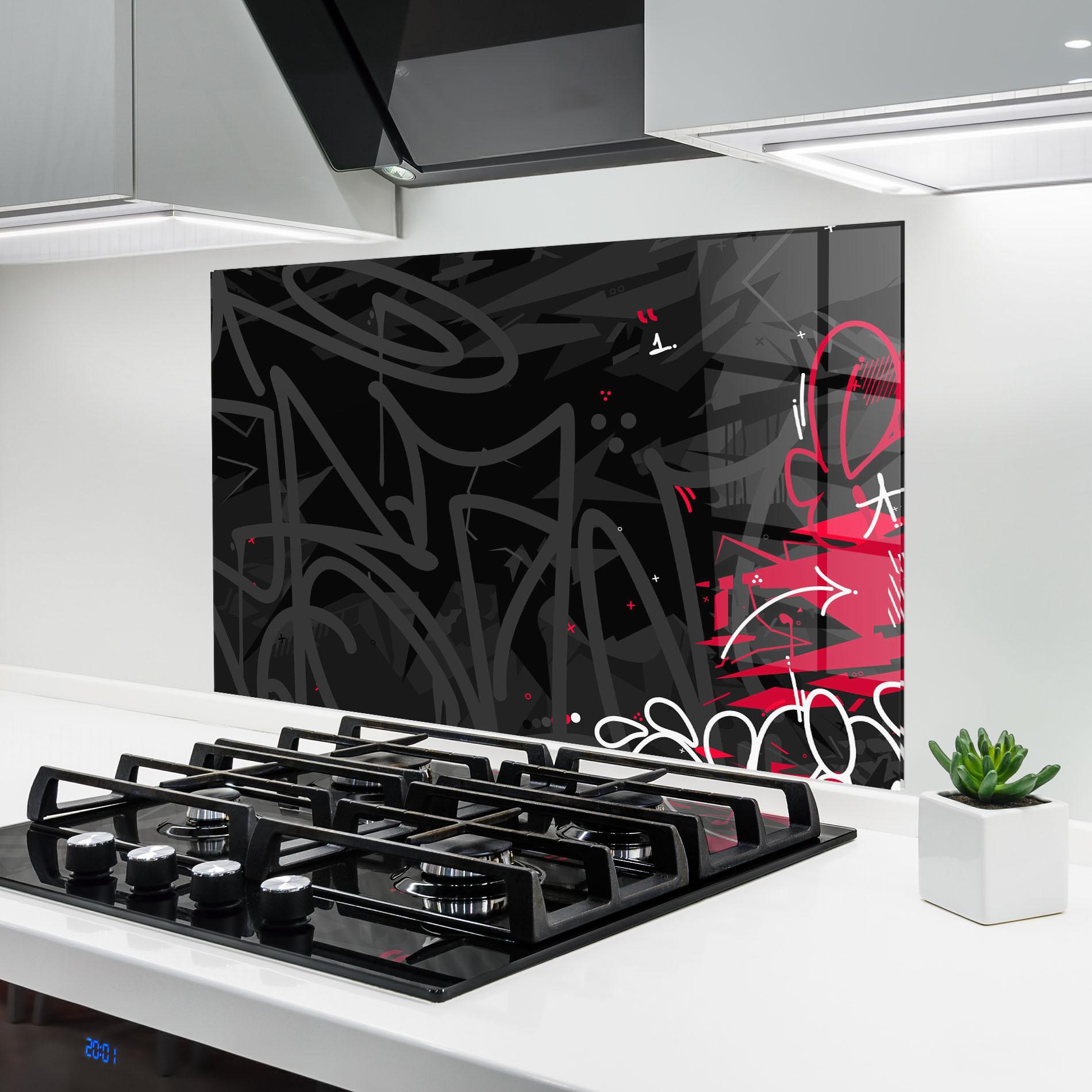 Küchenrückwand Glas Grey Pink Graffiti mockup 6