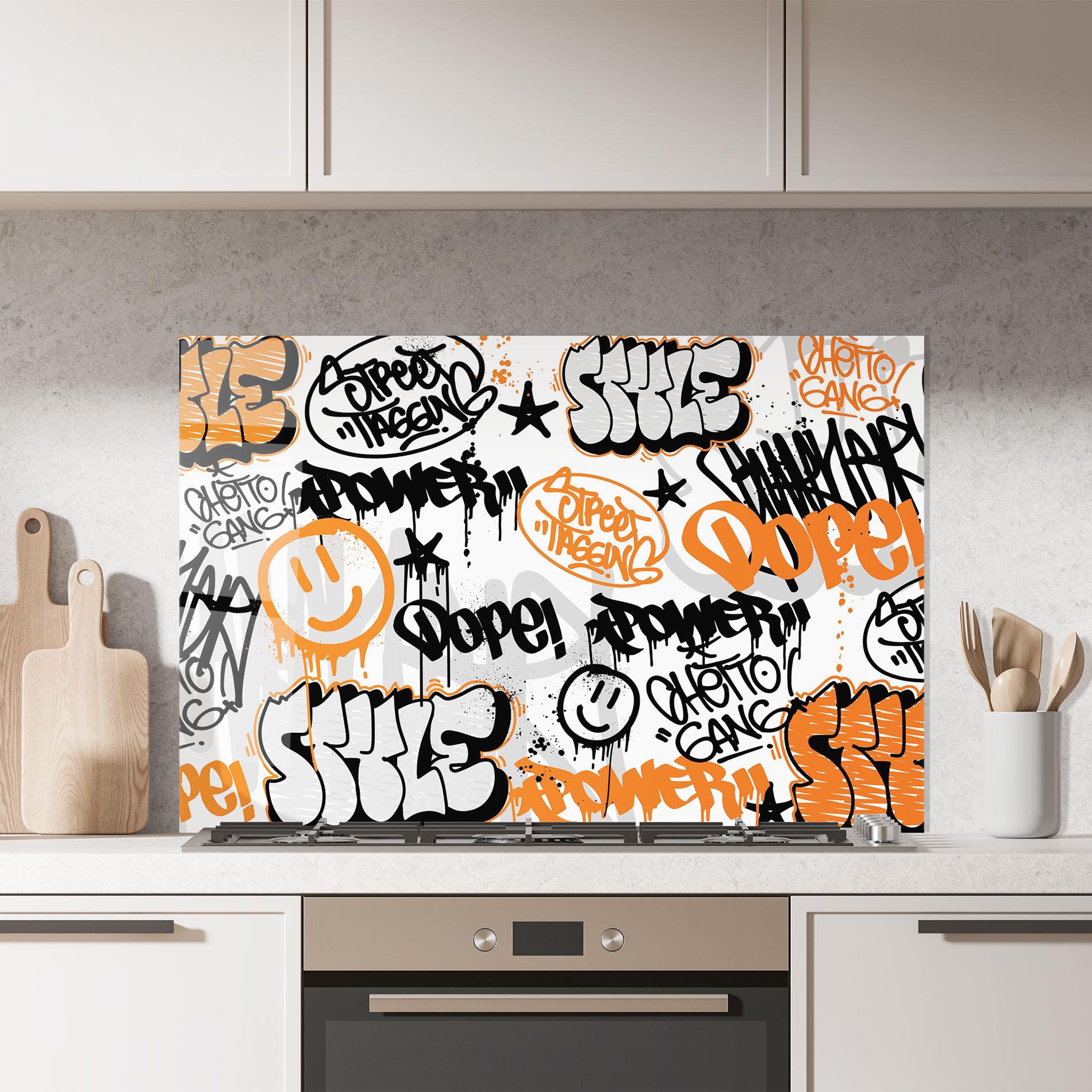 Küchenrückwand Glas Black Orange Graffiti mockup 7
