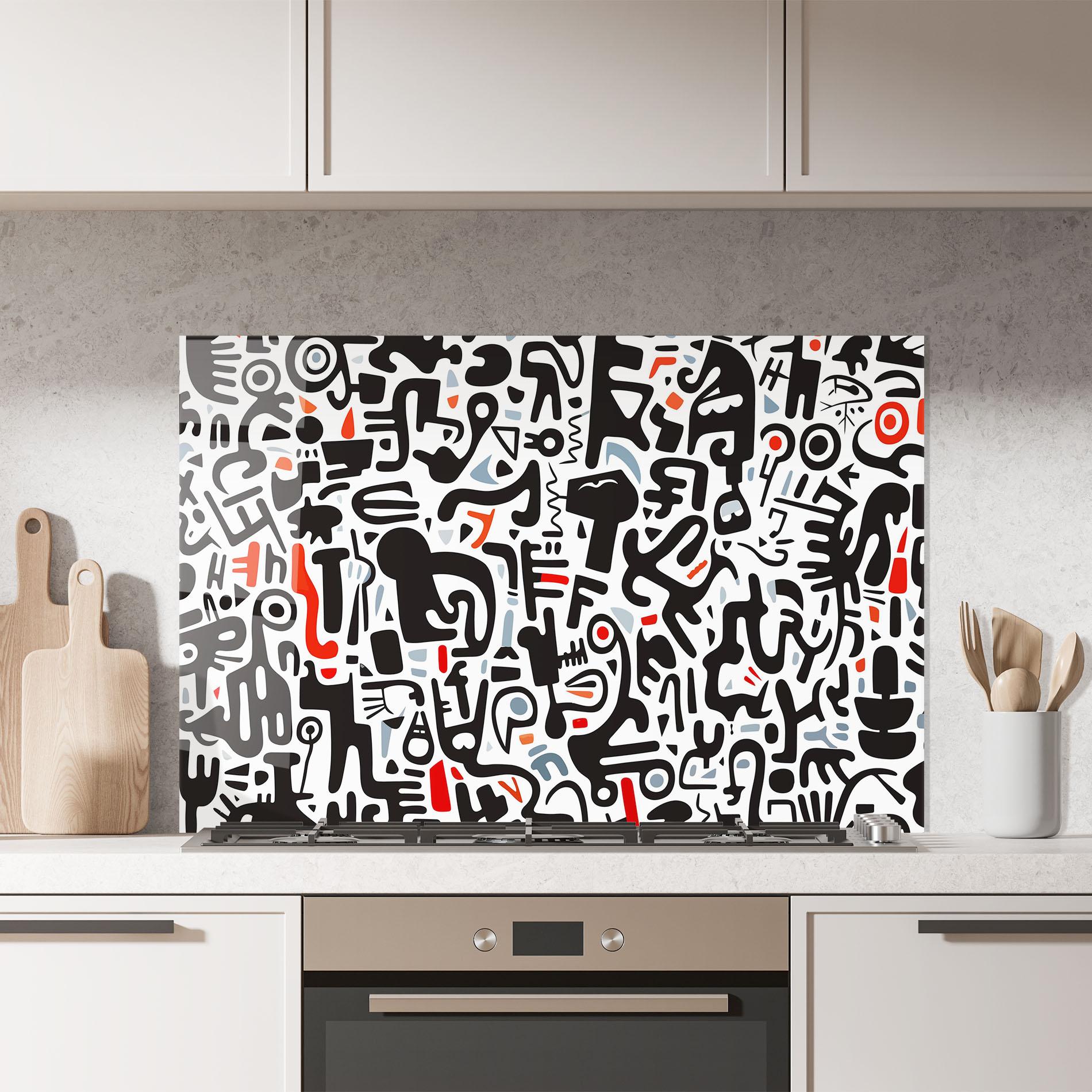 Küchenrückwand Glas Black Red Doodle mockup 7
