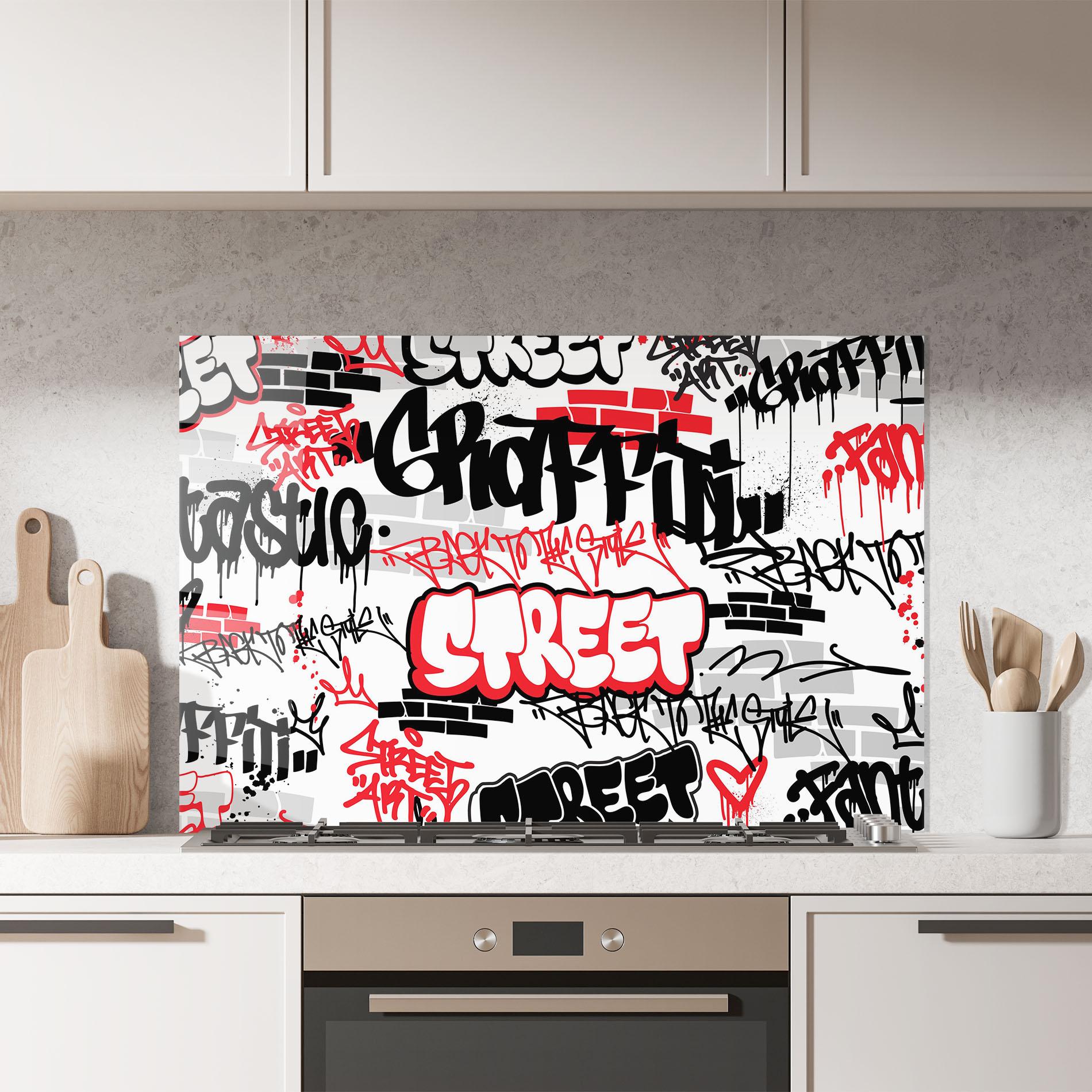 Küchenrückwand Glas Black Red Tags mockup 7