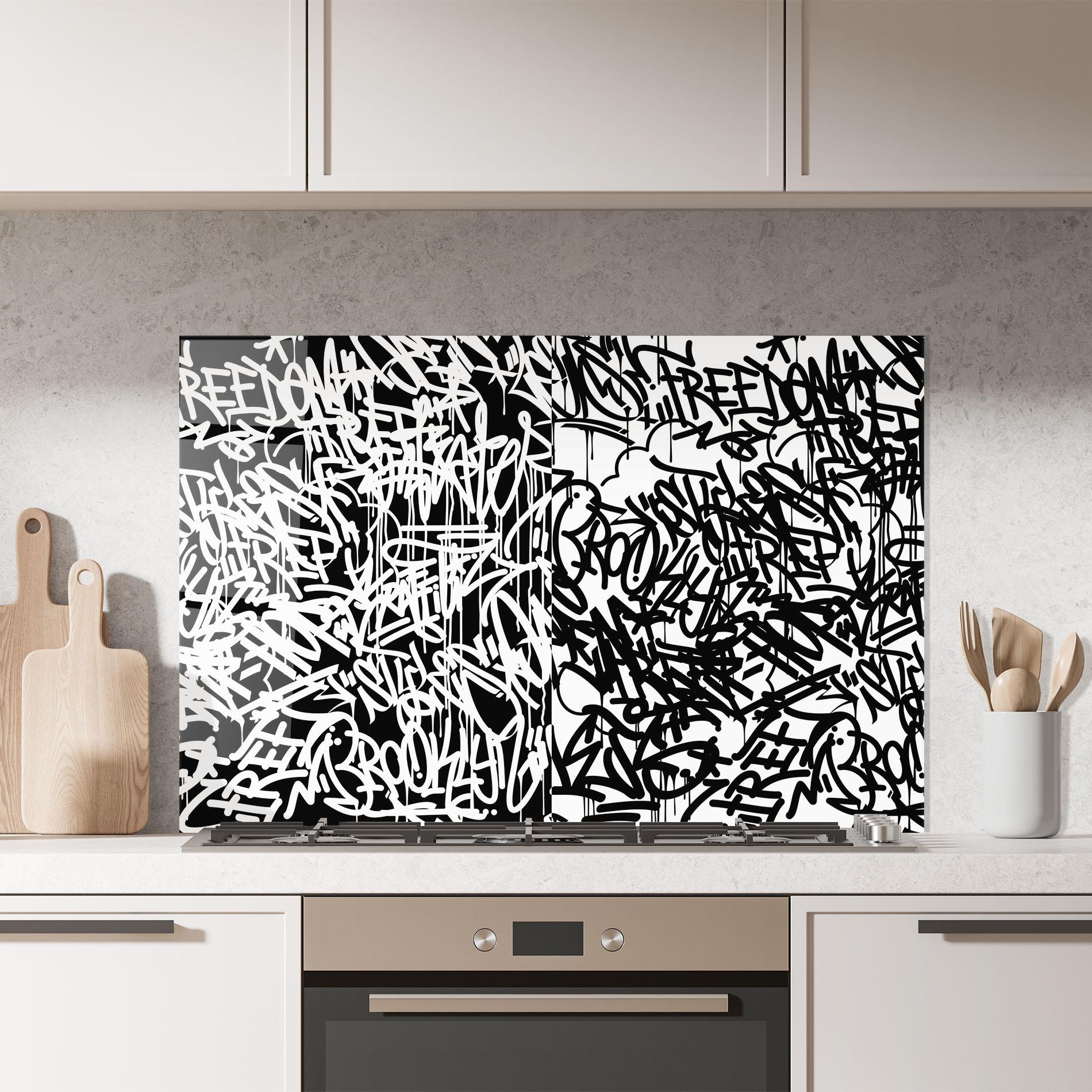 Küchenrückwand Glas Black White Graffiti mockup 7