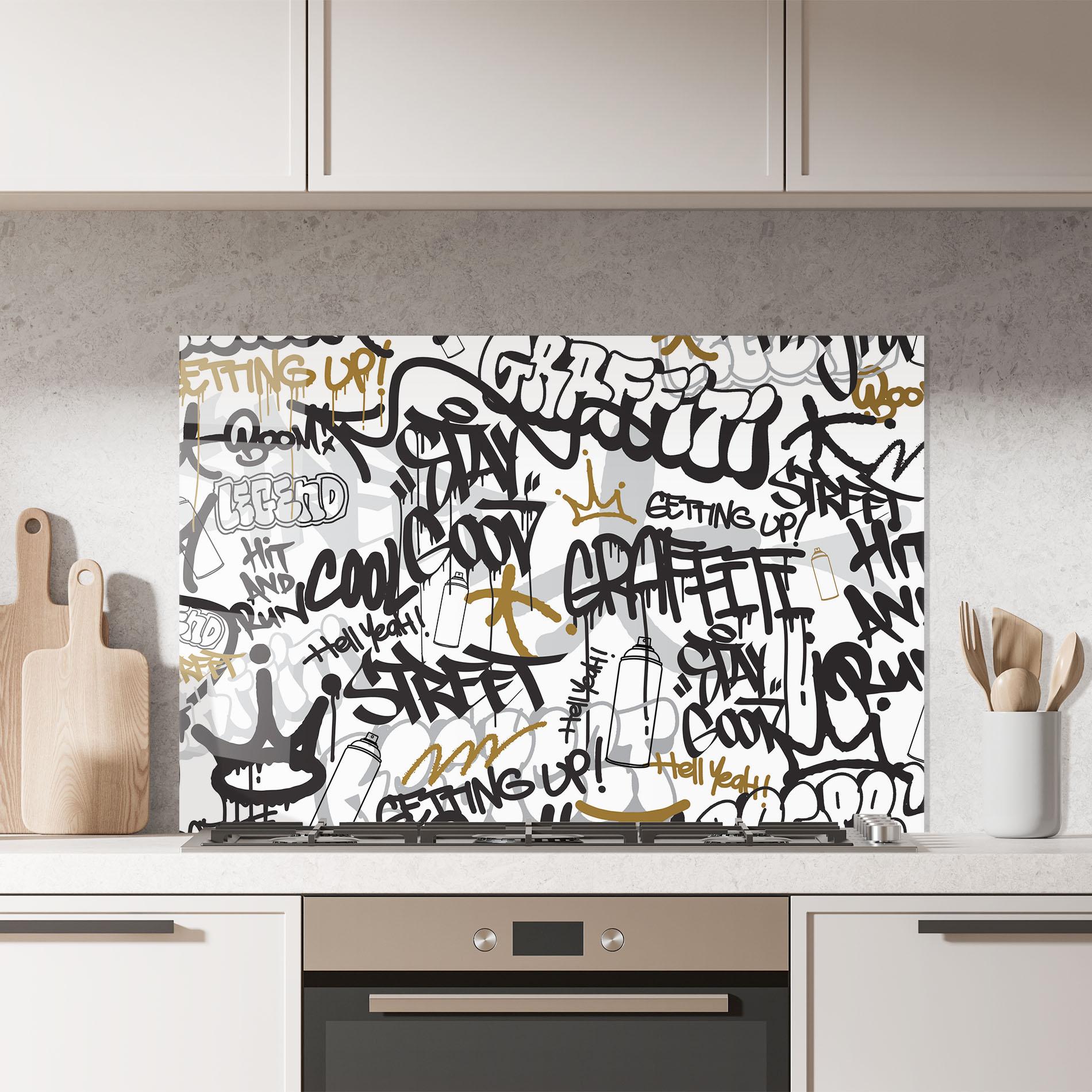 Küchenrückwand Glas Black Yellow Graffiti mockup 7