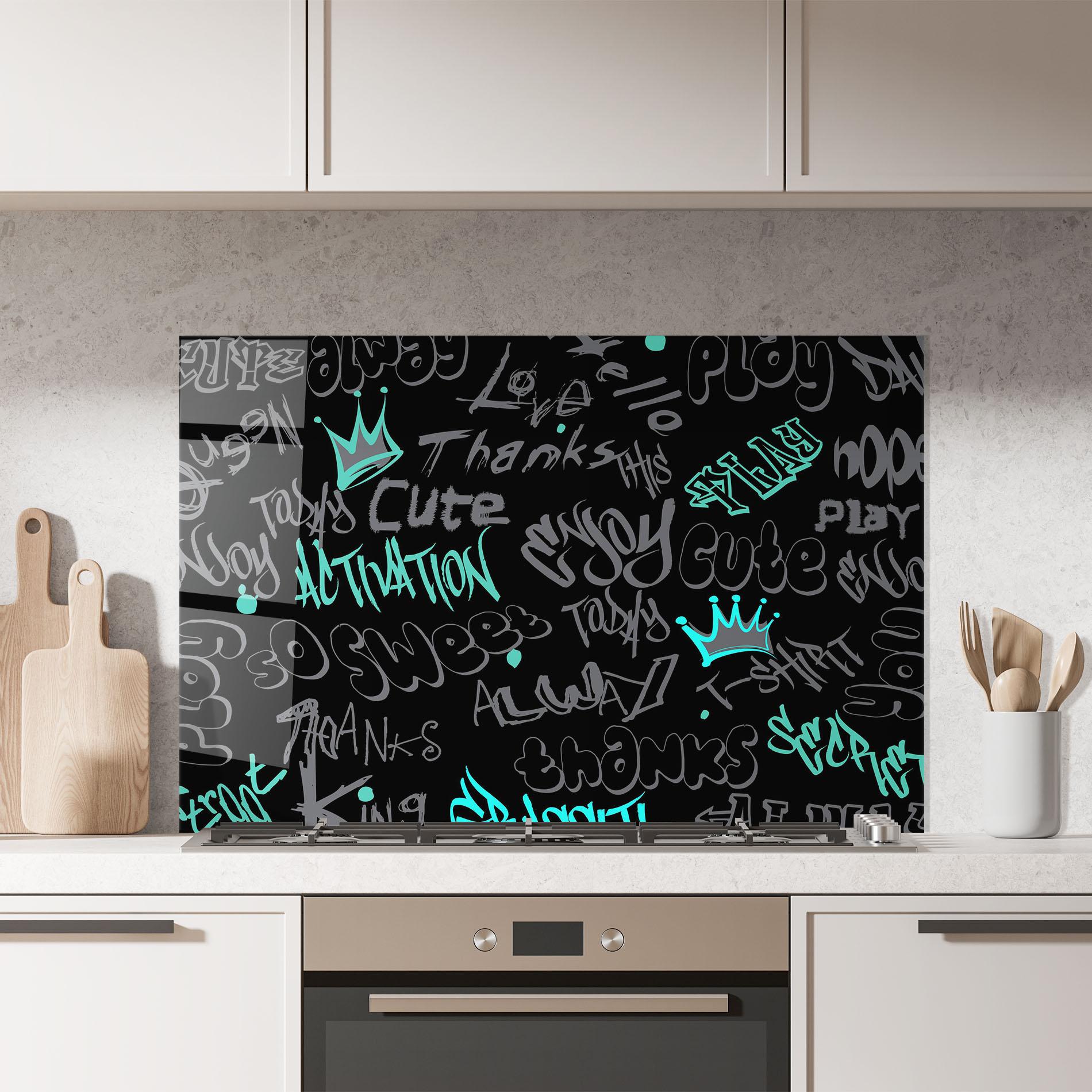Küchenrückwand Glas Blue Grey Graffiti mockup 7