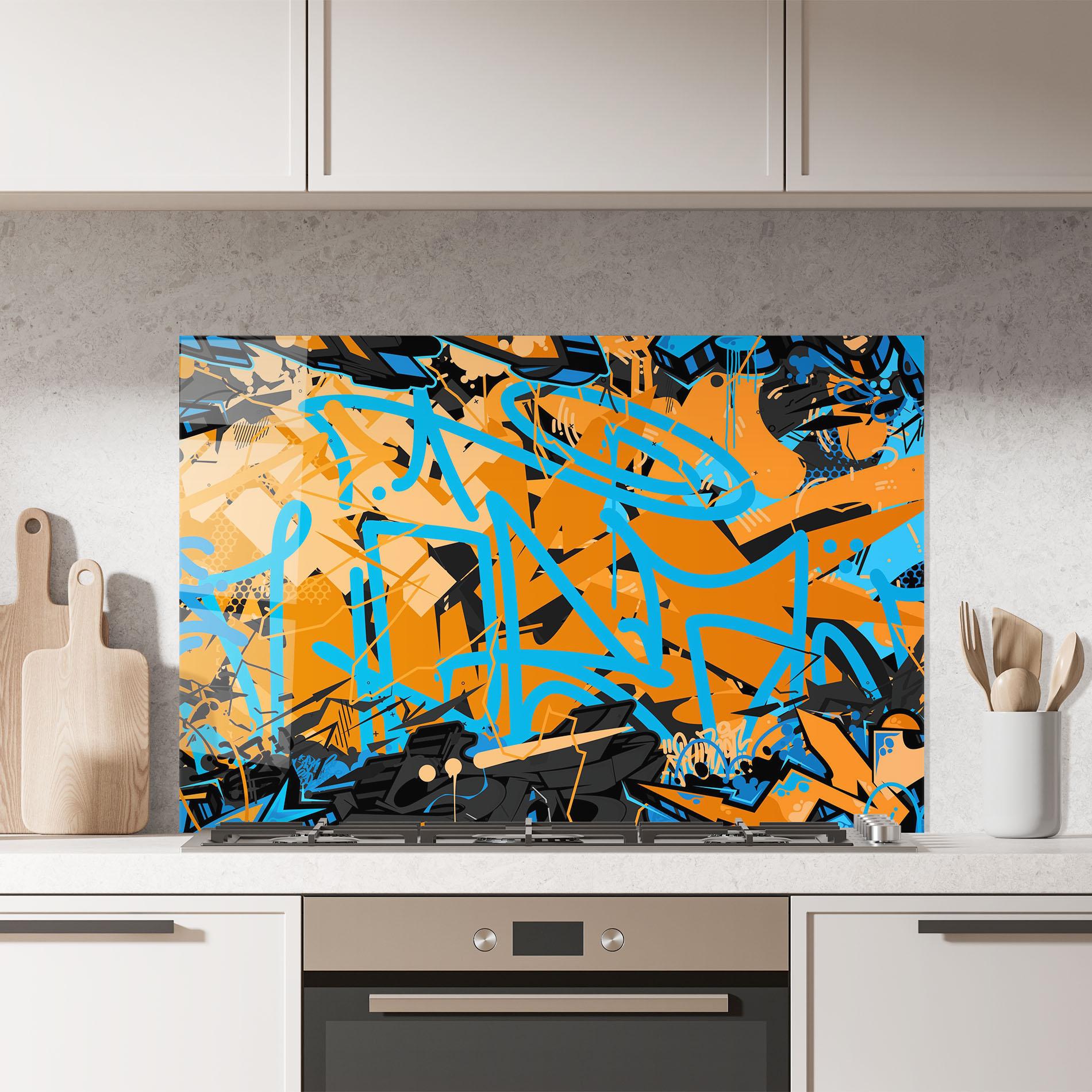 Küchenrückwand Glas Blue Orange Graffiti mockup 7