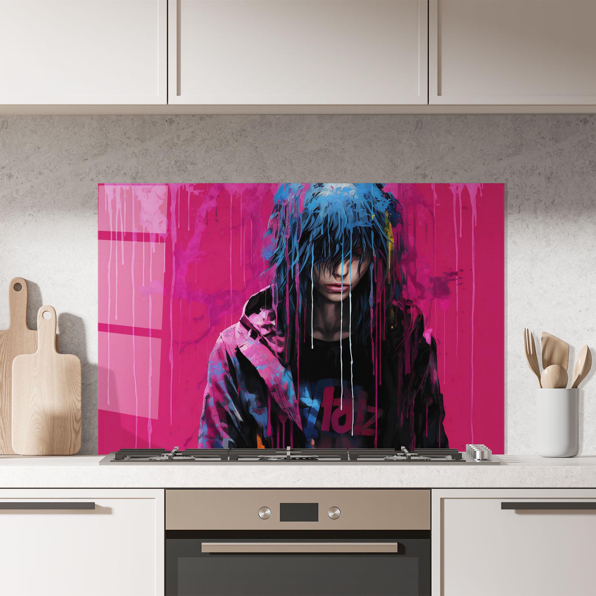 Küchenrückwand Glas Blue Pink Falling Paint mockup 7