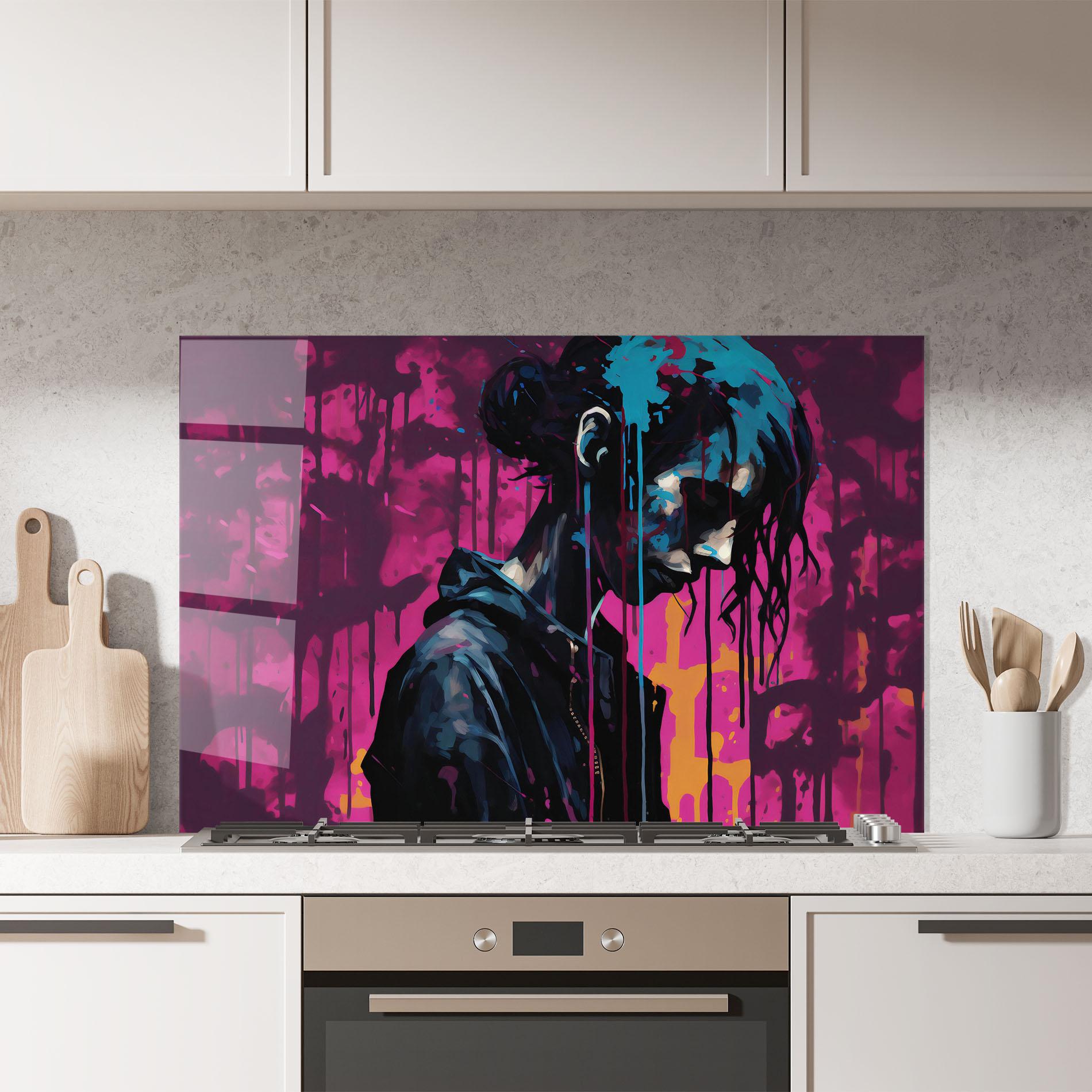 Küchenrückwand Glas Blue Pink Paint Falling mockup 7