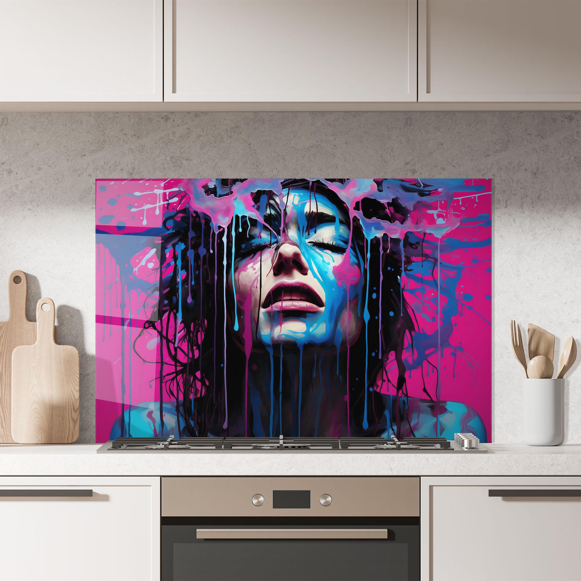 Küchenrückwand Glas Blue Pink Woman mockup 7
