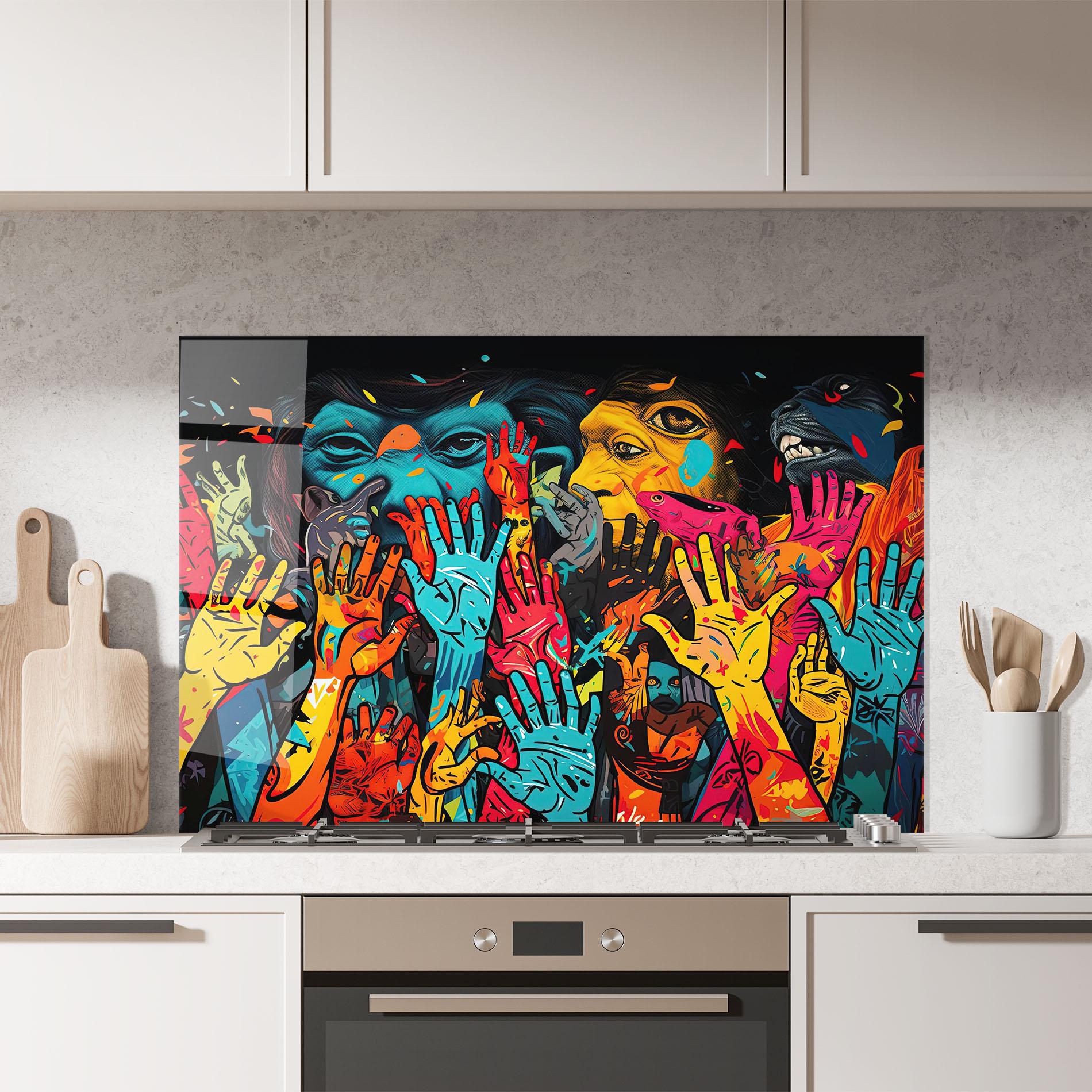 Küchenrückwand Glas Colorful Hands mockup 7