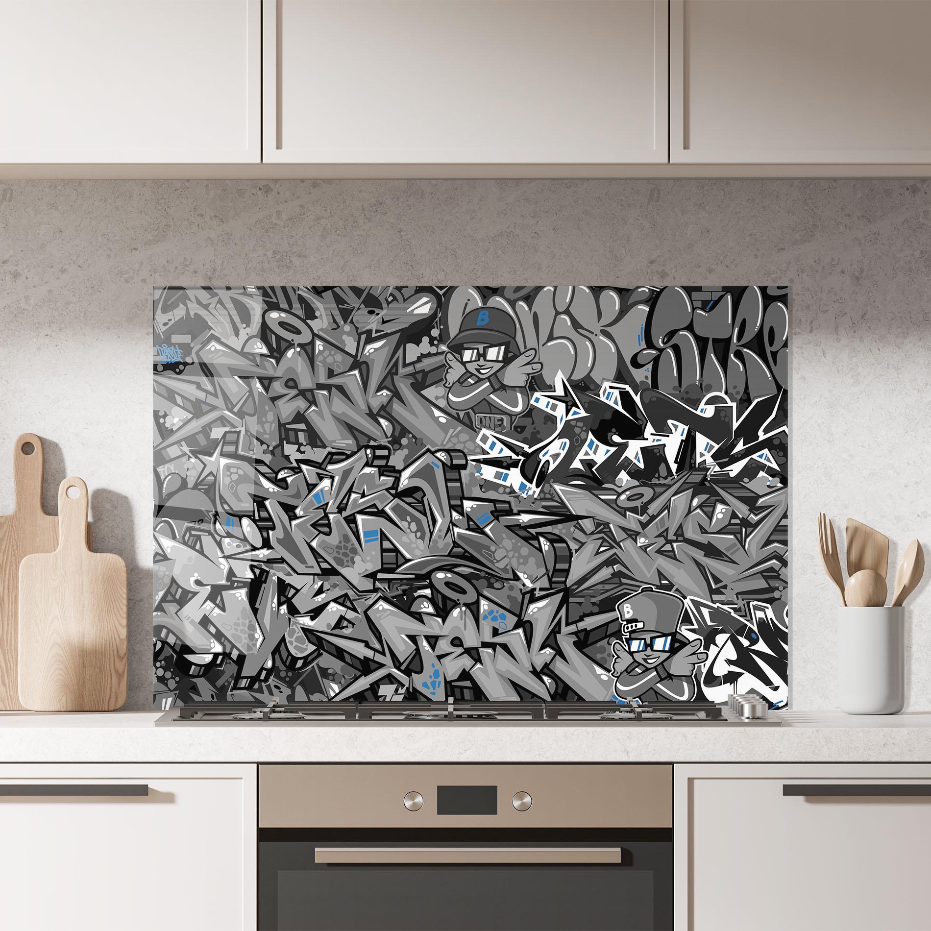 Küchenrückwand Glas Grey Blue Graffiti mockup 7