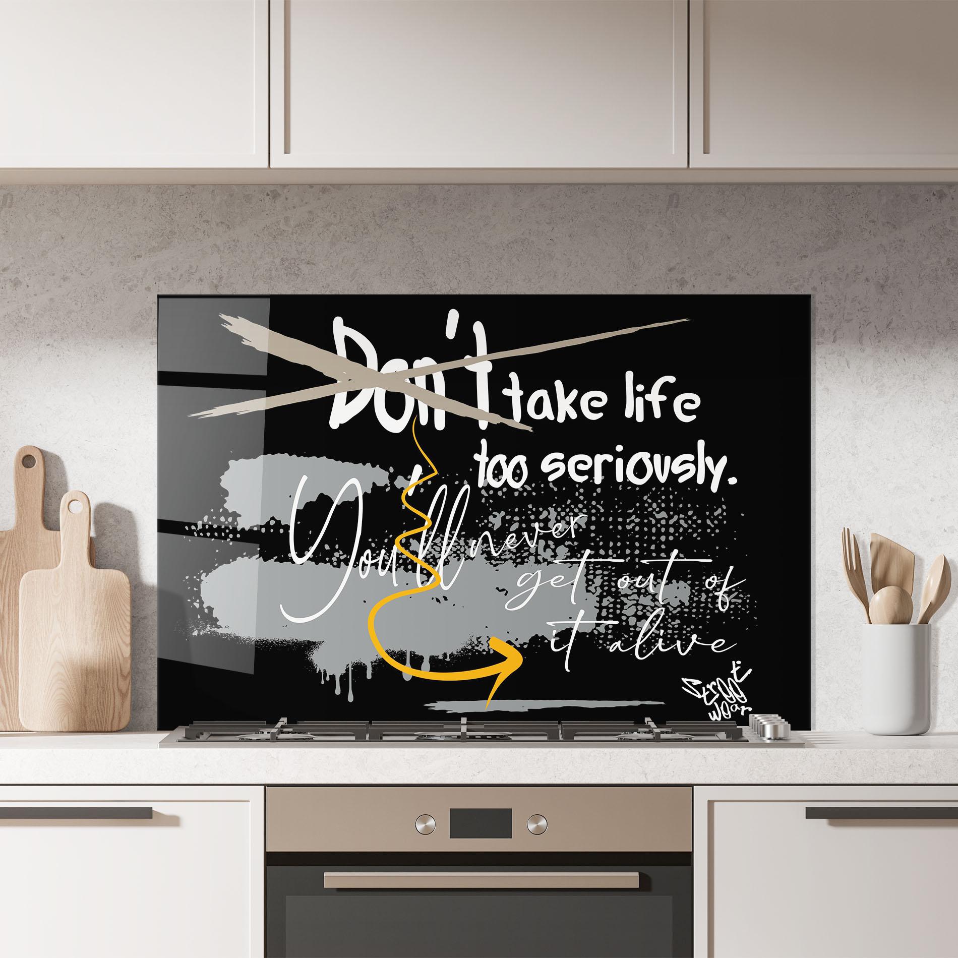 Küchenrückwand Glas Grey Orange Graffiti mockup 7