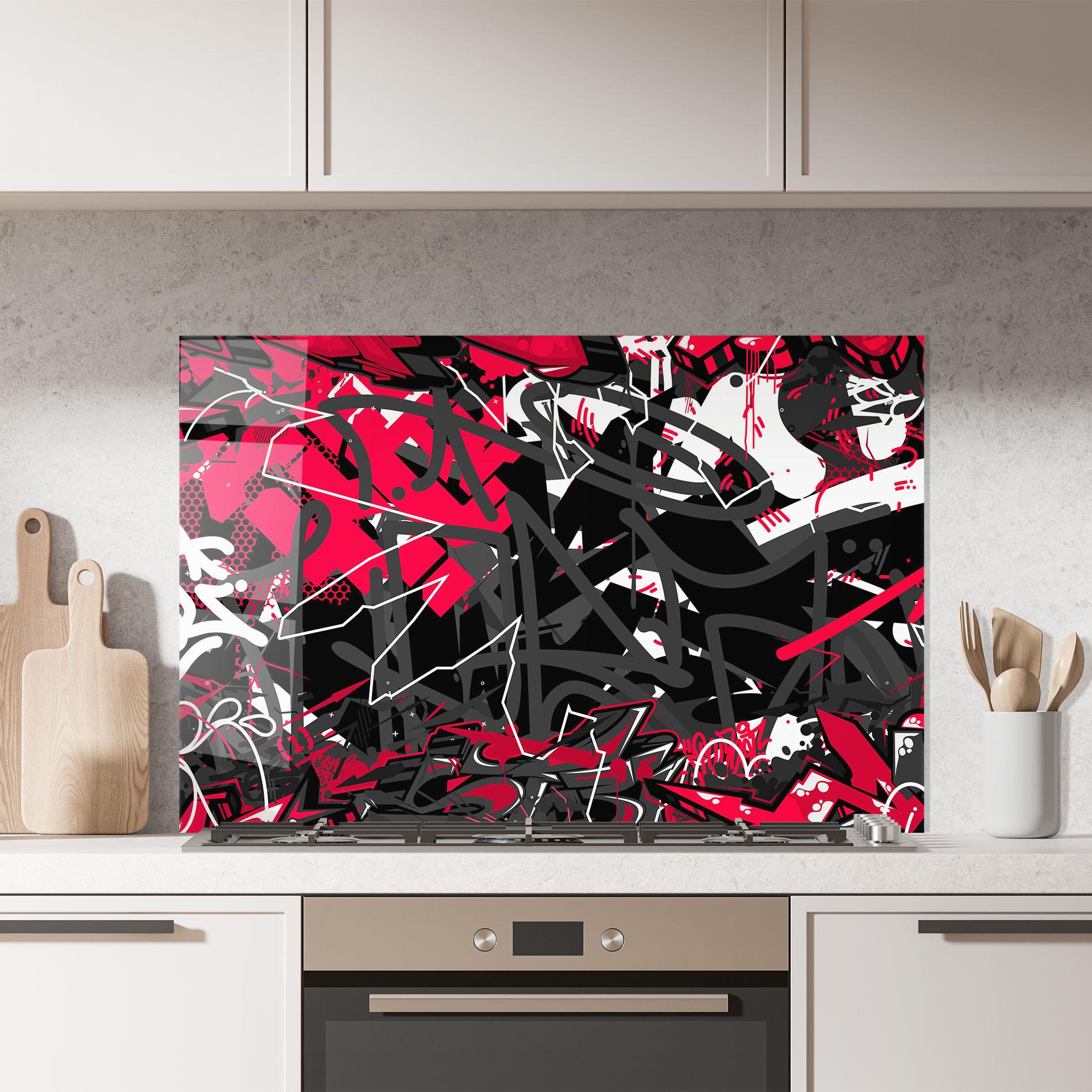 Küchenrückwand Glas Grey Red Graffiti mockup 7