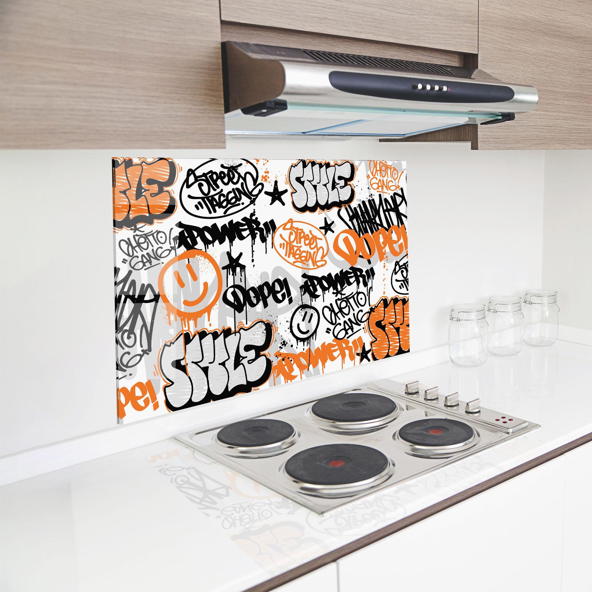 Küchenrückwand Glas Black Orange Graffiti mockup 8